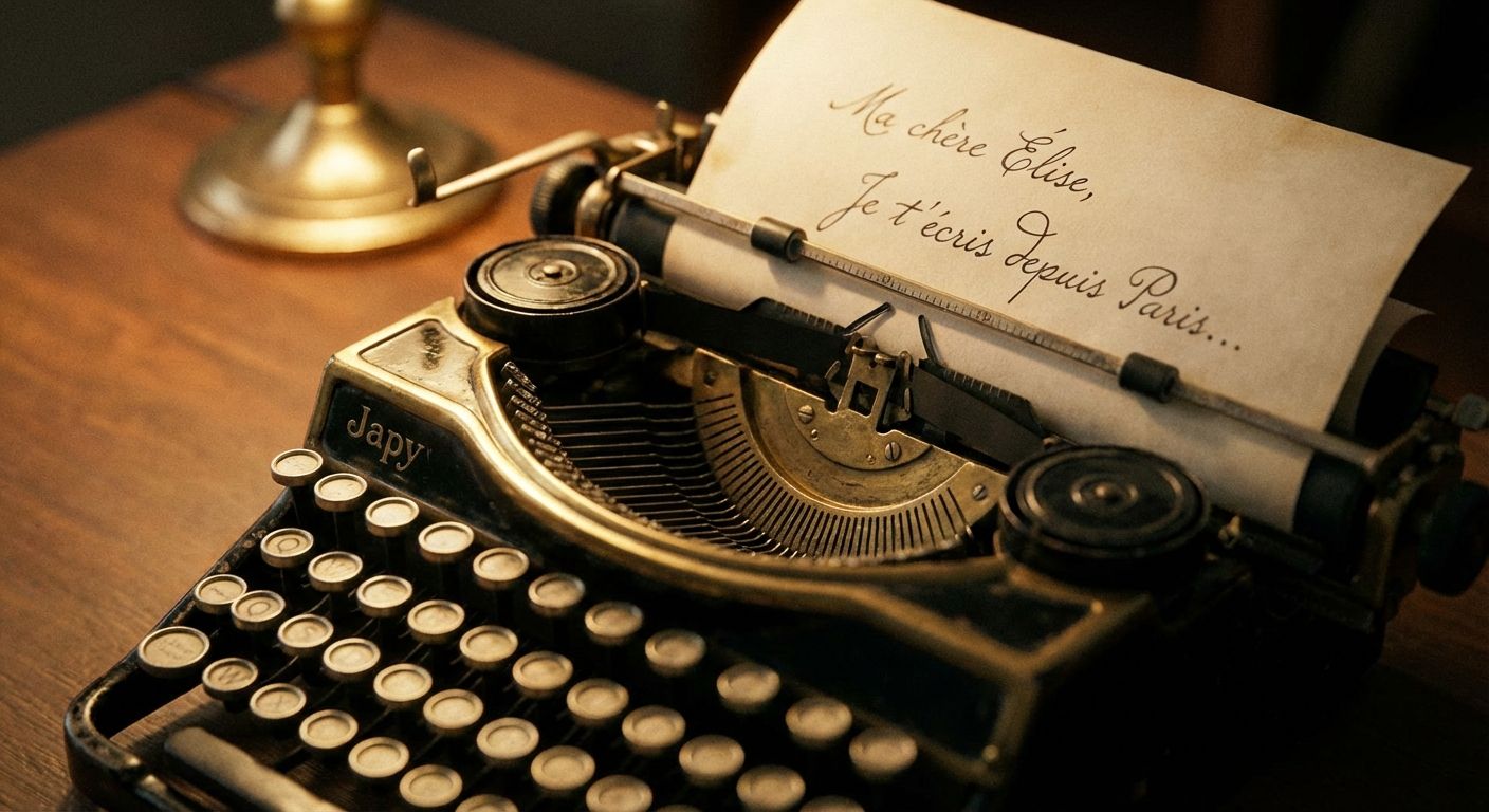 This is a close-up, still life photograph with a vintage feel. The main subject is an antique "Japy" typewriter, positioned on a wooden desk. The typewriter is black and gold, showing signs of age and wear. A slightly crumpled piece of paper with a handwritten message in French rests within the typewriter, which adds a personal touch. A small, blurred gold lamp is visible in the background. The lighting is warm and muted, contributing to the nostalgic atmosphere. The composition is focused, drawing the eye towards the center of the typewriter. The overall tone is classic and timeless.