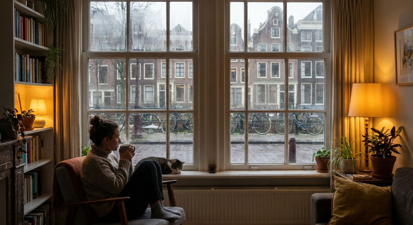 A person sits comfortably inside a warm, cozy Dutch home, holding a steaming mug, and gazes out a large window at a rainy street scene with canals and historic brick buildings. The soft indoor lighting contrasts with the grey, damp exterior, conveying a sense of peaceful contemplation and the comfort of staying indoors.