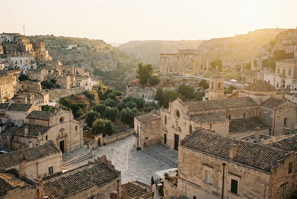 A breathtaking wide-angle photograph capturing the historic center of an Italian city at golden hour, with warm, soft light illuminating ancient terracotta rooftops and a prominent, classical monument standing majestically in the distance. The tranquil scene evokes a perfect travel destination, composed for a 3:2 landscape frame.
