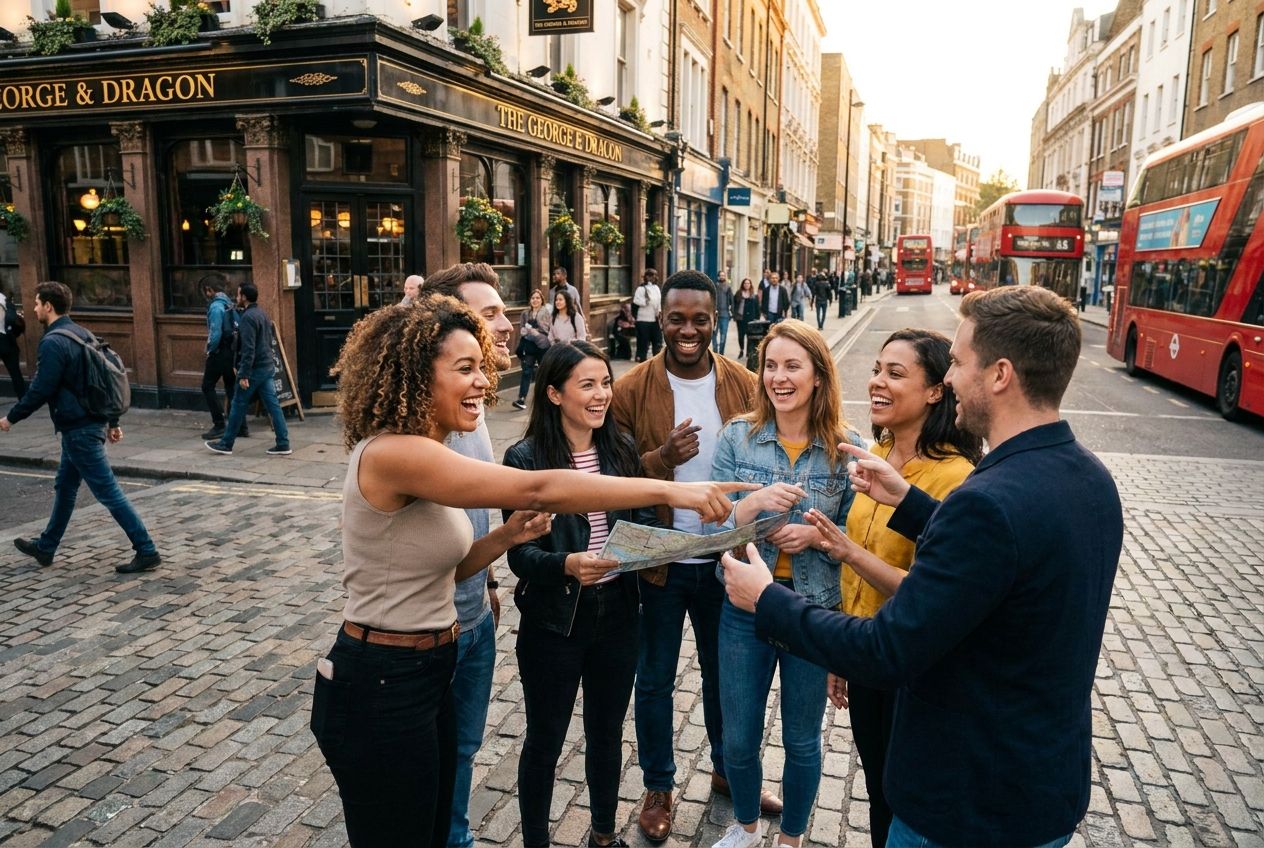 A candid photograph of a diverse group of friends in their 20s-30s, laughing and chatting enthusiastically on a bustling British high street or outside a traditional pub, with one person playfully gesturing as if proposing a plan. The scene is vibrant and captures the joy of social interaction, composed for a 3:2 landscape.