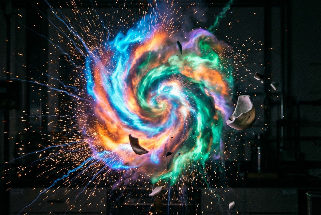 A high-speed, close-up photograph capturing the intense, energetic moment of a rapid chemical transformation, like a burst of colorful, swirling gas and sparks emanating from a point, implying powerful collisions and energy release. The scene should be dynamic and visually striking, composed for a 3:2 landscape frame with dramatic lighting.