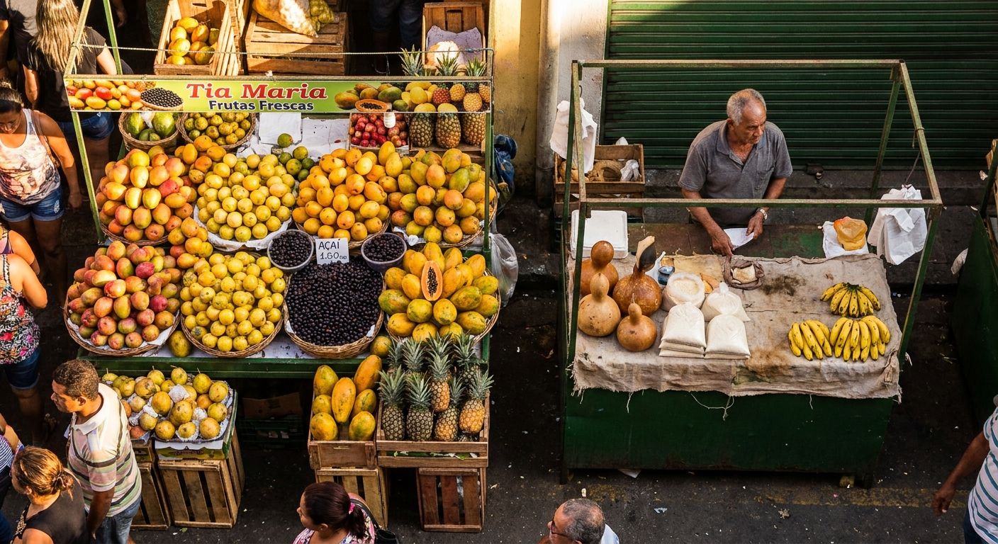 A vibrant, top-down photograph of two contrasting market stalls at a bustling Brazilian 'feira' (street market). One stall is overflowing with an abundant, colorful array of perfectly ripe tropical fruits like mangoes, passion fruit, and acai berries, glistening under warm sunlight. The adjacent stall features a noticeably smaller and simpler selection of goods, creating a clear visual comparison of quantity and appeal.
