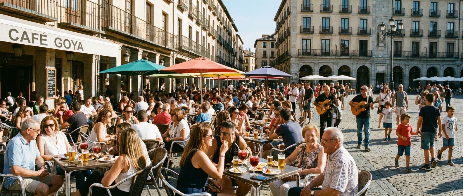 A vibrant, wide-angle photograph of an outdoor Spanish plaza cafe filled with people enjoying tapas and drinks on a sunny afternoon. Groups of friends and families are seen laughing, conversing animatedly, and sharing food, with warm sunlight illuminating the lively scene.