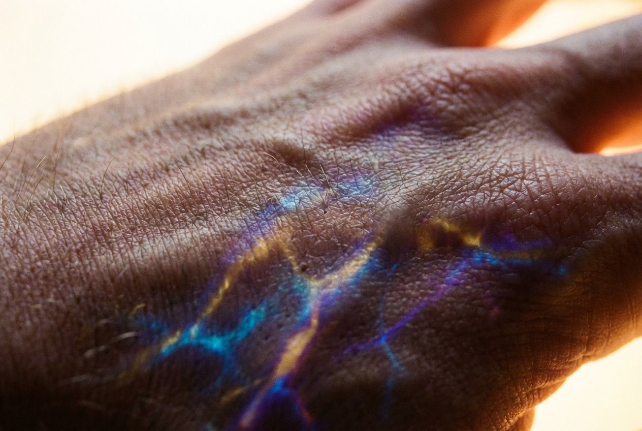 A dramatic, extreme close-up of human skin on an arm or hand, rendered with an almost microscopic, intricate texture that suggests a living, resilient barrier. Subtle veins of light or energy pulse beneath the surface, hinting at the body's active immune response and cellular defence. The image is bathed in a soft, internal glow, composed for a 3:2 landscape frame.
