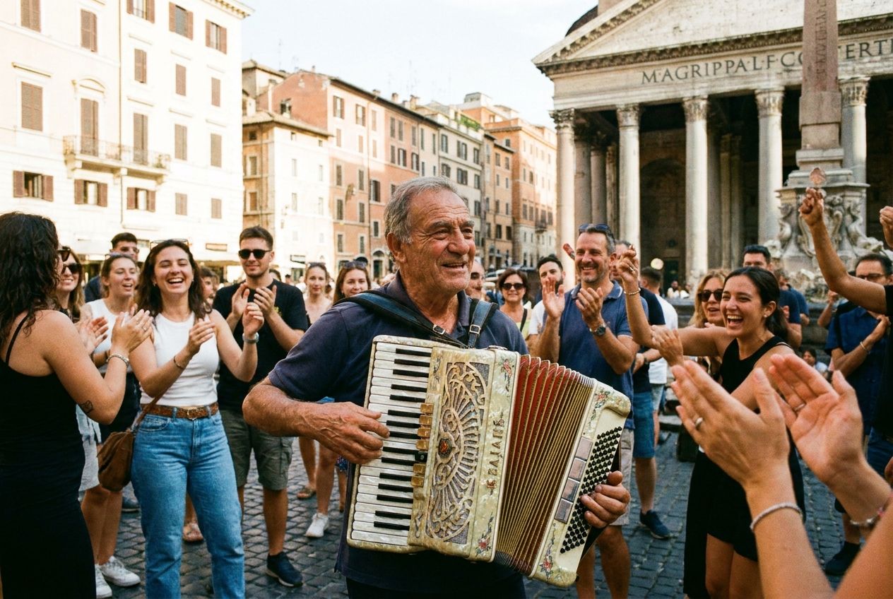 A vibrant photograph of a skilled Italian street musician passionately playing an accordion in a bustling piazza, with a small, engaged crowd enjoying the performance. In the background, sun-drenched historic Italian architecture rises, capturing the lively essence of public cultural experiences and shared media in a beautiful 3:2 landscape.