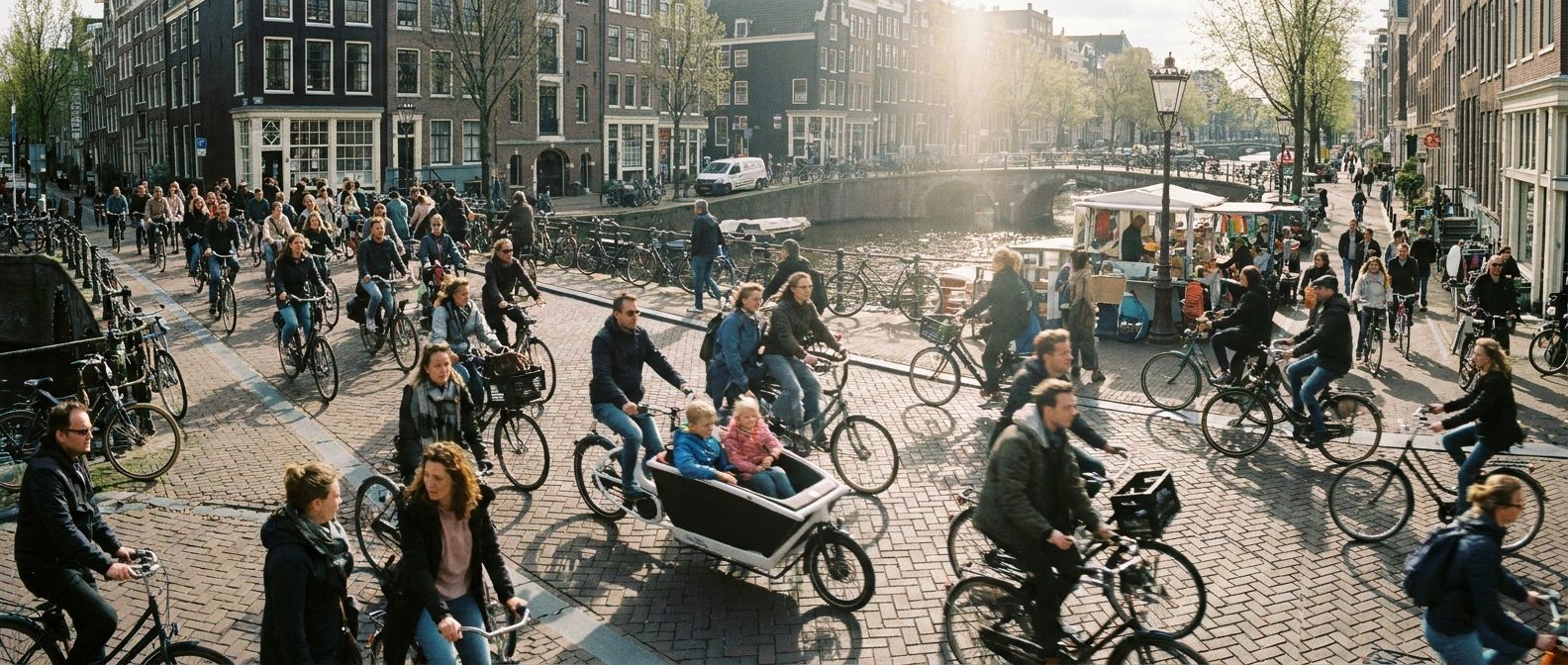 A vivid, wide-angle photograph capturing a bustling scene on a bicycle path in a charming Dutch city, such as Amsterdam or Utrecht. Many diverse people are cycling, some in large groups, while others are seen individually or in smaller clusters, conveying a sense of varying quantities and groups in motion under natural daylight.