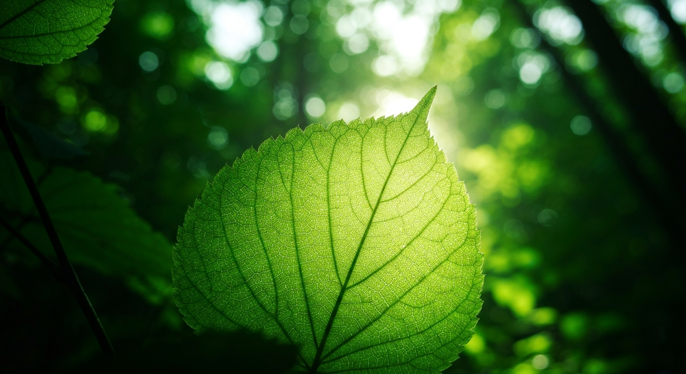 The image is a close-up shot of a vibrant green leaf, possibly in a forest setting. The style is naturalistic and focuses on detailed textures. The leaf is the main subject, positioned slightly off-center and backlit by sunlight filtering through the canopy. The background is a soft, bokeh effect of green and white, creating a sense of depth and highlighting the leaf. Colors are primarily shades of green, ranging from dark, rich tones in the shadows to lighter, almost translucent hues in the leaf itself where the sun shines through. The composition directs the eye to the intricate vein structure of the leaf.