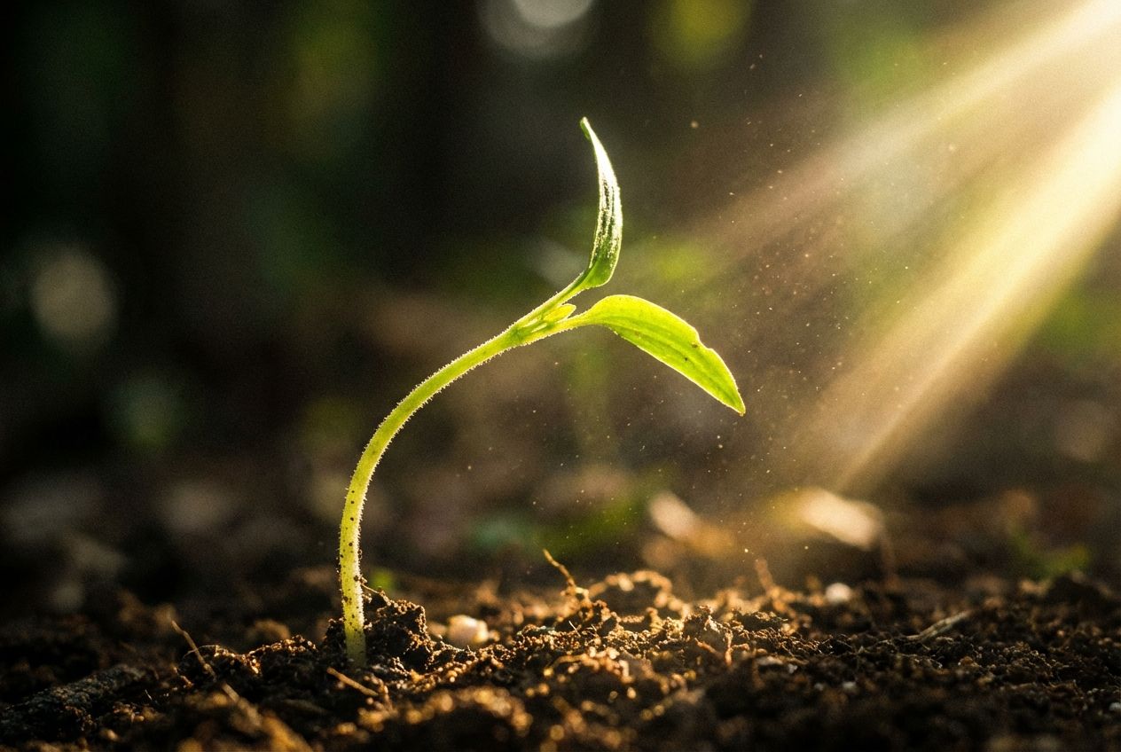 A dramatic close-up photograph of a vibrant green seedling, its delicate stem clearly bending and reaching intensely towards a strong, golden beam of light entering from the side, symbolizing phototropism. The background is softly blurred and dark, emphasizing the seedling's determined growth in a 3:2 landscape frame.
