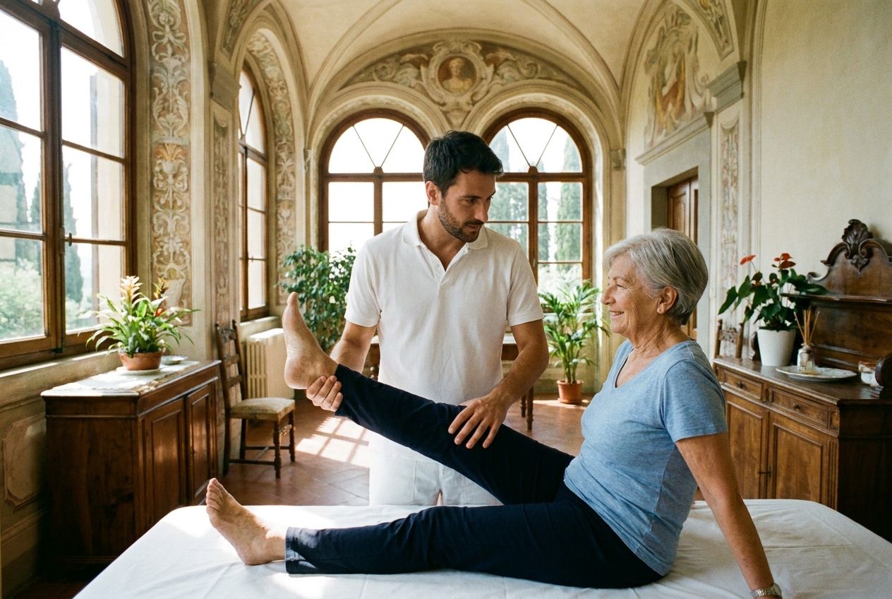 A professional physiotherapist gently assists an older Italian woman with a therapeutic stretching exercise in a sun-drenched, elegant Italian rehabilitation clinic. The scene emphasizes care, movement, and wellbeing, captured in a vivid, natural photograph with a 3:2 landscape aspect ratio.