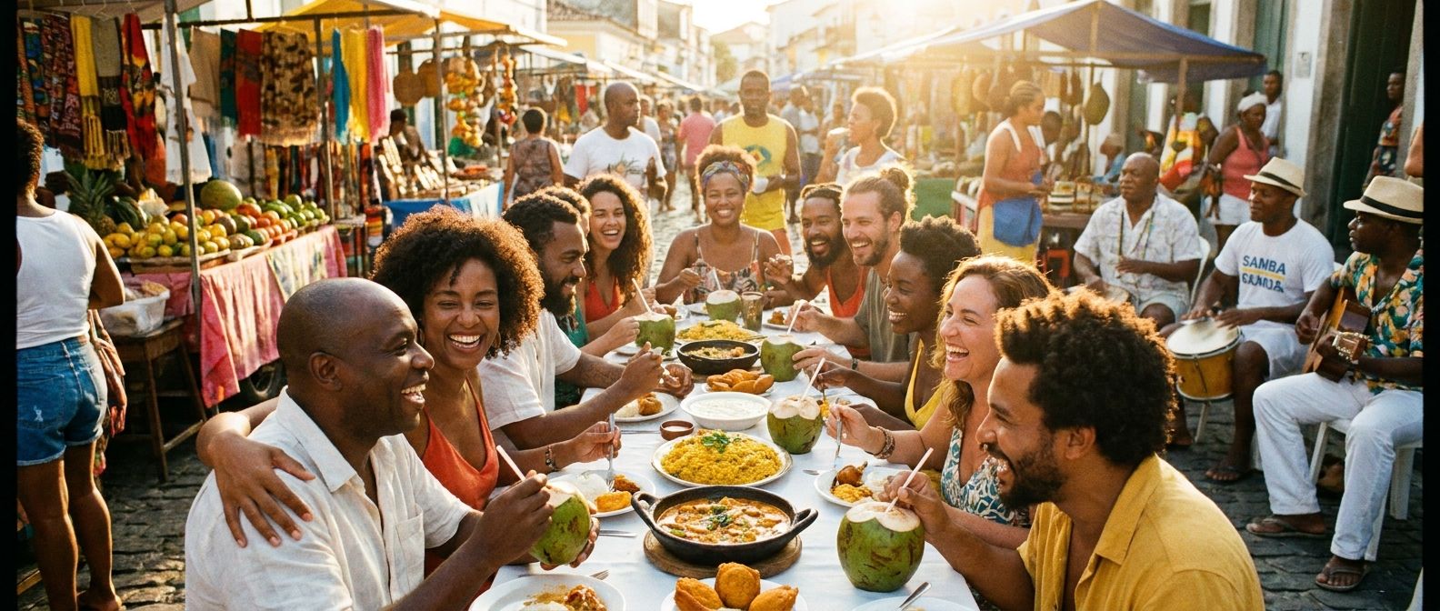 A wide-angle, sun-drenched photograph of a diverse group of people from various backgrounds, laughing and sharing a meal at a bustling outdoor market in Salvador, Brazil. The scene should be vibrant and full of life, with colorful market stalls in the soft-focus background, emphasizing human connection and cultural exchange in a lively Brazilian setting.