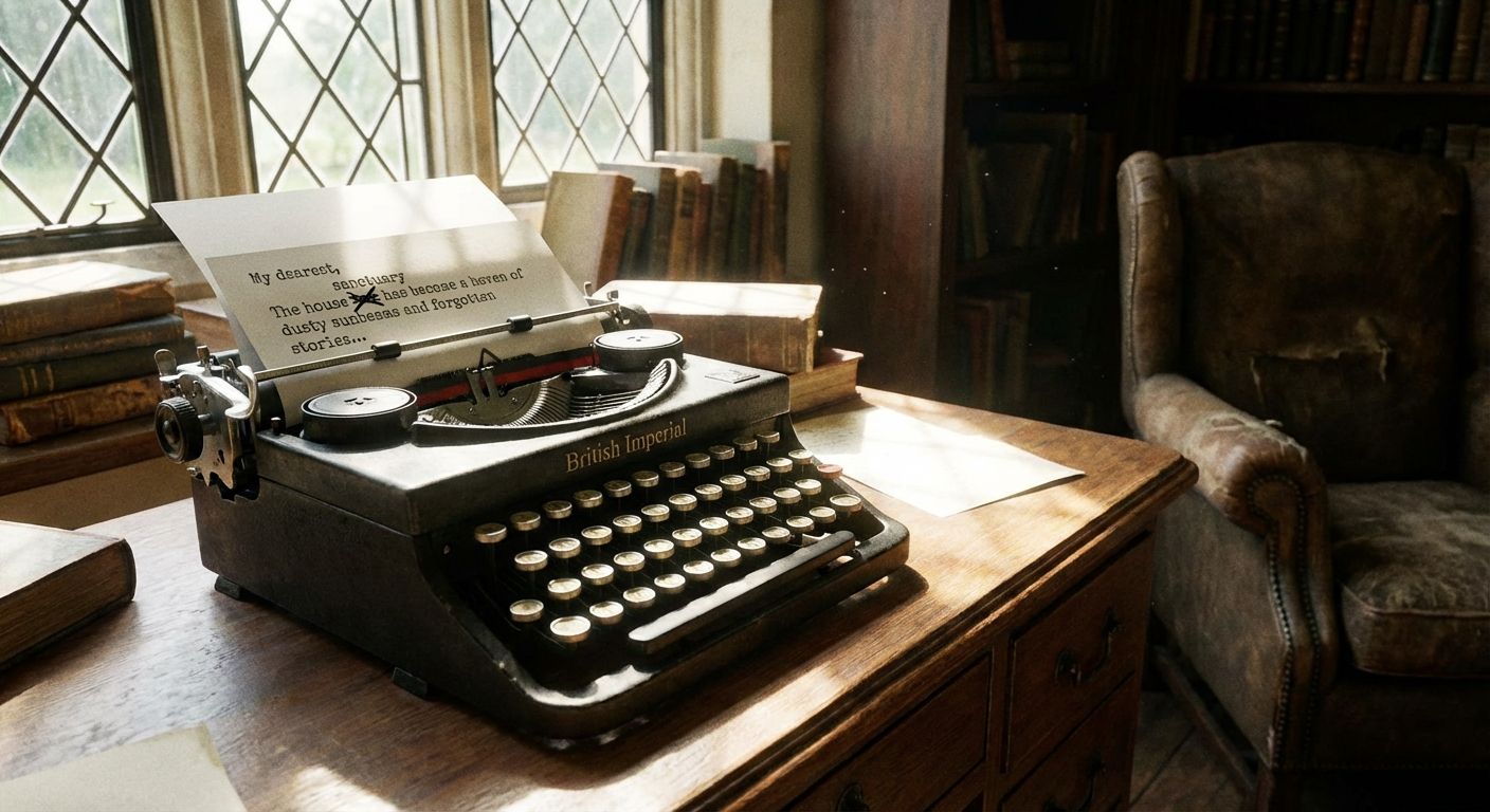 This image evokes a warm, vintage aesthetic. The subject is an antique "British Imperial" typewriter positioned prominently on a wooden desk. The composition is a medium shot, with the typewriter taking up most of the frame. Natural light pours in from a window with a diamond-shaped lattice, casting shadows across the desk and illuminating dust particles in the air.

The color palette is muted, with earth tones dominating – browns, tans, and creams. A stack of old books sits to the side of the typewriter, and an old leather armchair is partially visible in the background, suggesting a cozy, lived-in space. The lighting is soft and diffused, contributing to the overall nostalgic mood. A piece of paper in the typewriter contains written text. A filled bookcase in the background.