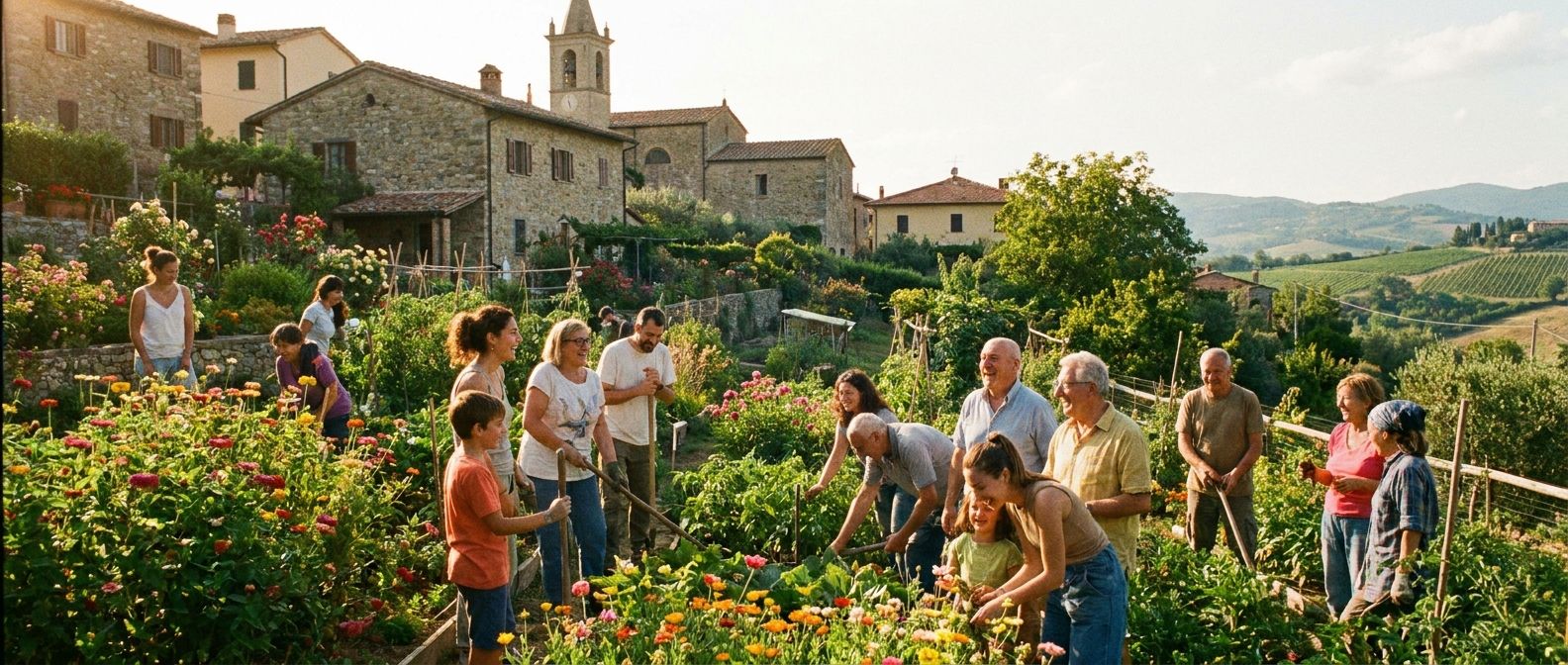 A diverse group of people of different ages and backgrounds are happily working together in a vibrant community garden in a picturesque Italian village. They are laughing and talking, tending to plants and sharing tools under the warm Italian sun, captured from a mid-distance perspective in a wide, horizontal frame.