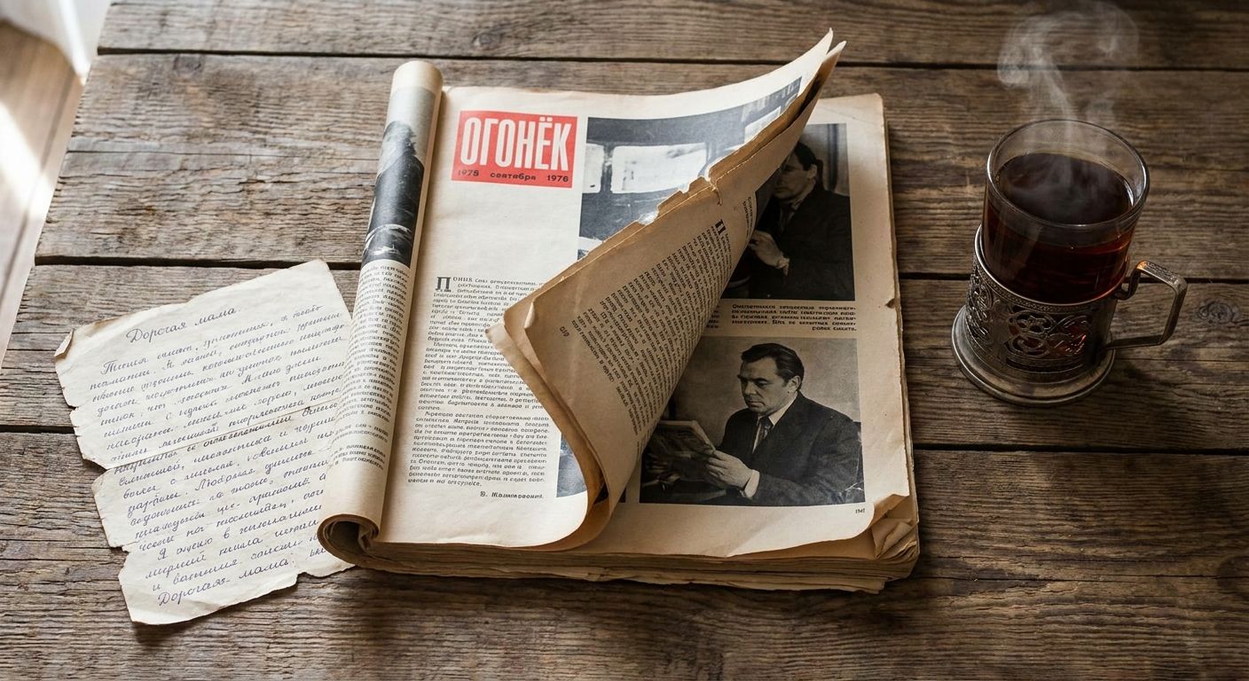 A top-down close-up shot of a rustic wooden table featuring an open, well-worn Russian magazine, a steaming glass of black tea in a traditional podstakannik, and an old, handwritten letter, illuminated by soft, natural light from an unseen window.
