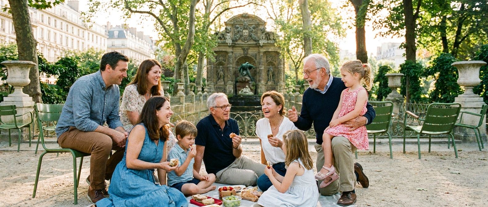 A warm, vibrant photograph of a multi-generational French family, including grandparents, parents, and children, laughing and interacting naturally as they enjoy a sunny afternoon in a picturesque Parisian park like the Jardin du Luxembourg. The scene should capture genuine family connection and the beauty of a classic French setting, composed for a wide, horizontal frame.