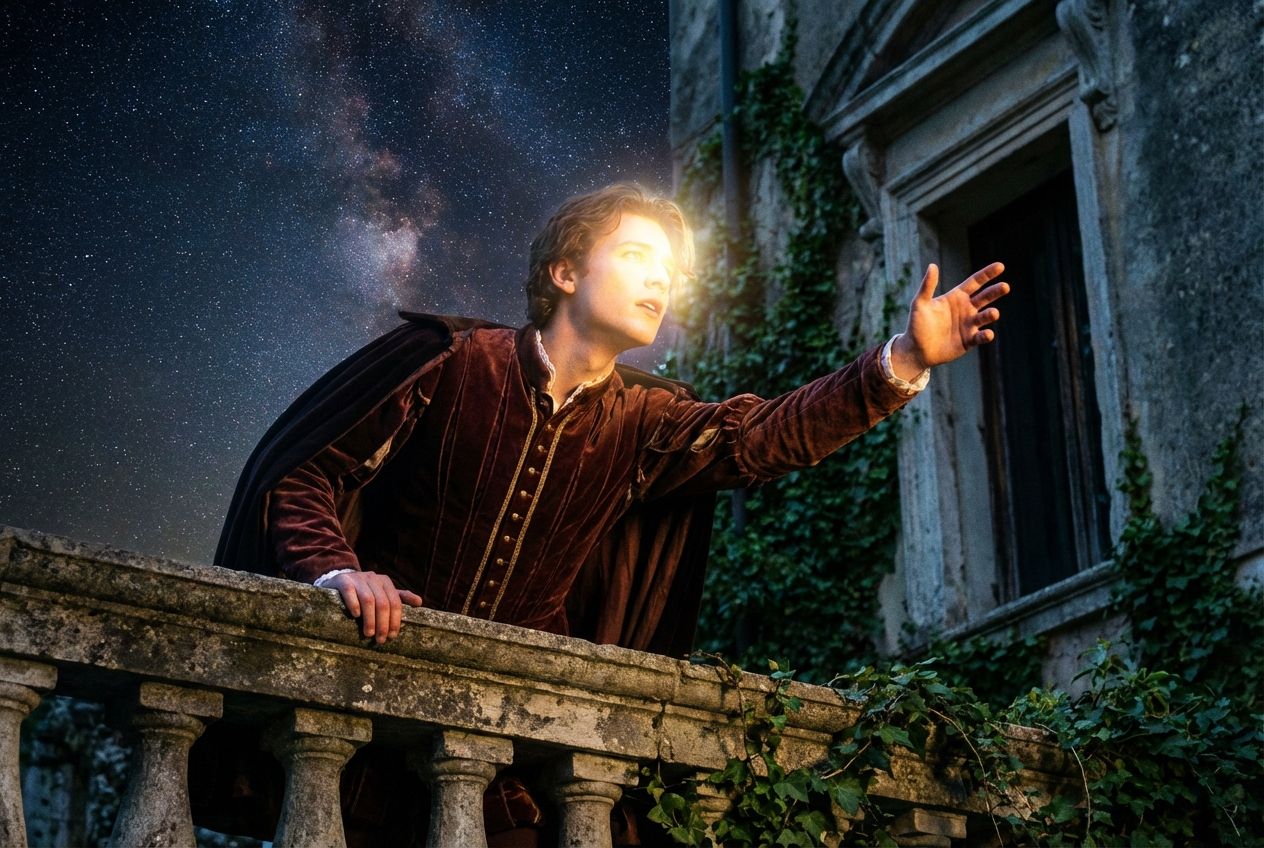 A young man, in Renaissance attire, stands dramatically on a stone balcony at night, reaching out towards a radiant, ethereal light source that illuminates his face with intense passion and devotion. The deep, star-filled night sky stretches wide behind him, hinting at fate, in a vivid, dramatic photograph composed for a 3:2 landscape.