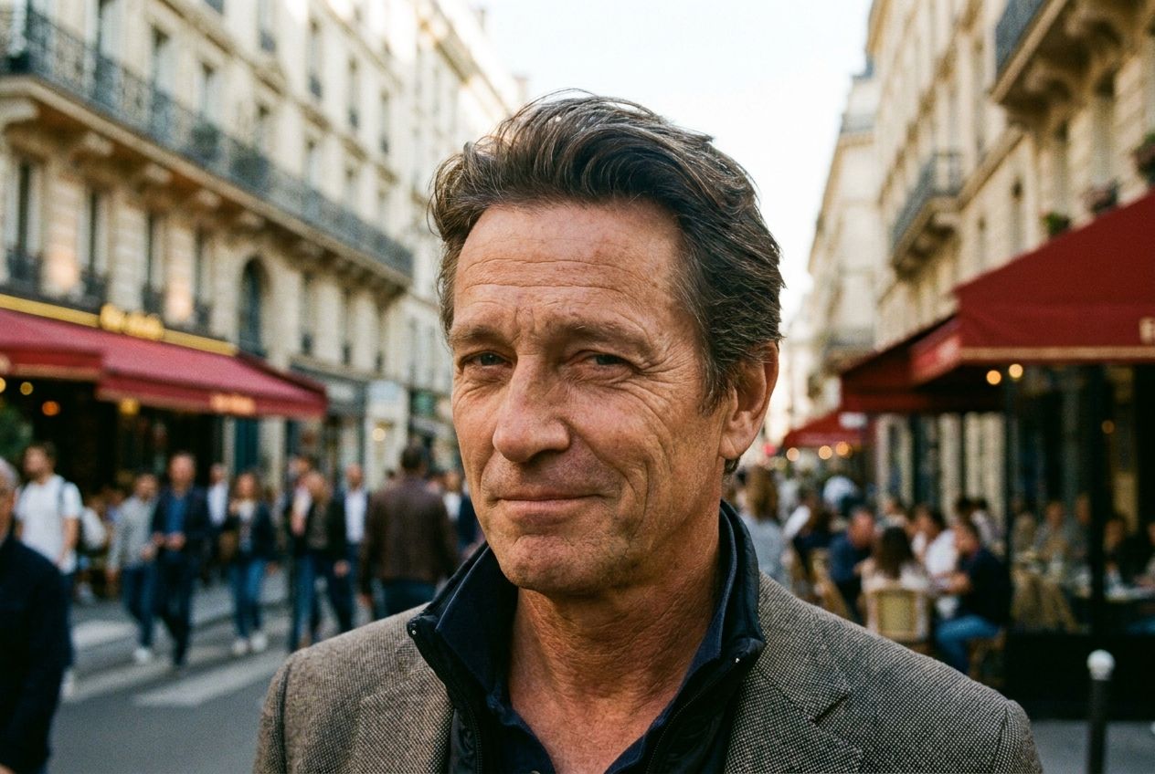 A close-up photograph of a person in a bustling Parisian street, confidently shaking their head 'no' with a subtle, knowing smile, as if contradicting a statement. The background features blurred, iconic Parisian architecture and people, captured in a vibrant 3:2 landscape frame with natural light.