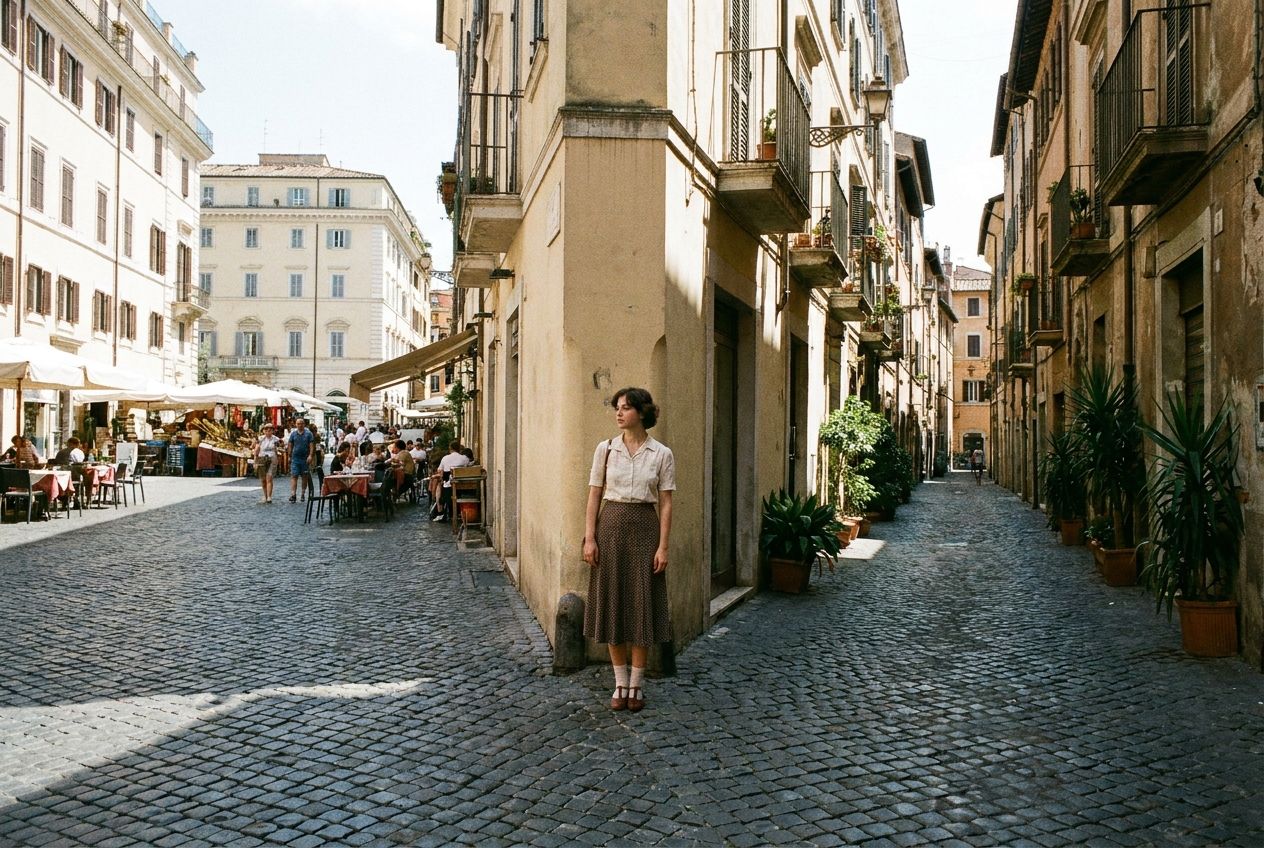 A stunning photograph of an Italian street scene where a young person stands at a corner, looking down two diverging paths. One path leads into a bustling, sun-drenched historic piazza with cafes and lively activity, while the other leads into a quieter, charming residential street lined with classic Italian apartment buildings and potted plants. The image vividly captures the contrast between two types of neighbourhoods, implying a choice, in a 3:2 landscape frame.