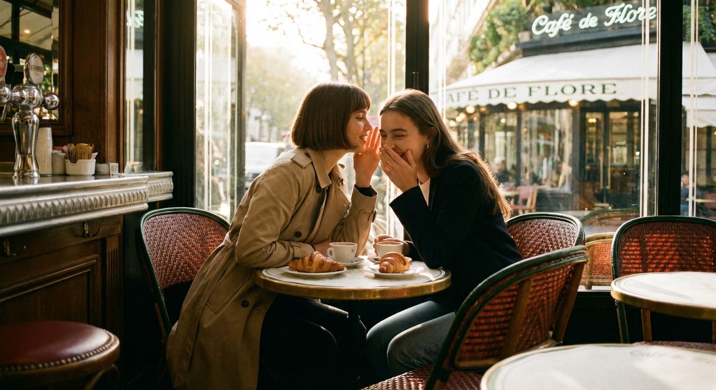 This image evokes a warm, candid atmosphere reminiscent of vintage film photography. The scene is set inside a Parisian café, likely "Café de Flore," suggested by signage visible through the window. Two young women are seated at a small round table with white marble-like surface, sharing a secret; one whispers into the other's ear, who responds with a laugh. Croissants and cups of coffee sit on the table. The women are dressed in fashionable, relaxed attire: one in a trench coat, the other in a dark blazer. Warm, golden sunlight filters through the windows. The composition is balanced, with the women centered in the frame, surrounded by the café's interior details and a glimpse of the bustling street outside.