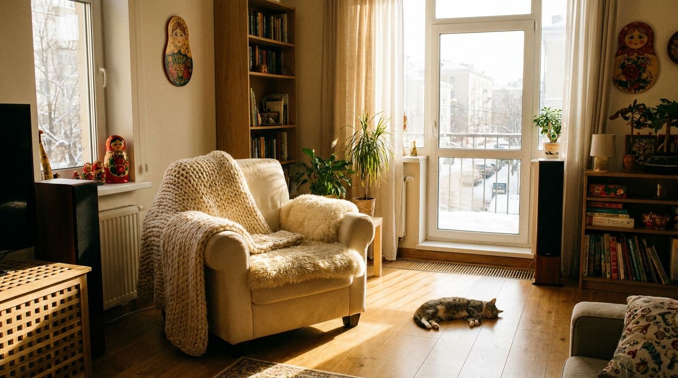 A wide-angle photograph of a bright and cosy living room in a modern Russian apartment, with warm sunlight streaming through a large window onto a plush armchair and wooden floor, highlighting tactile textures and soft shadows.