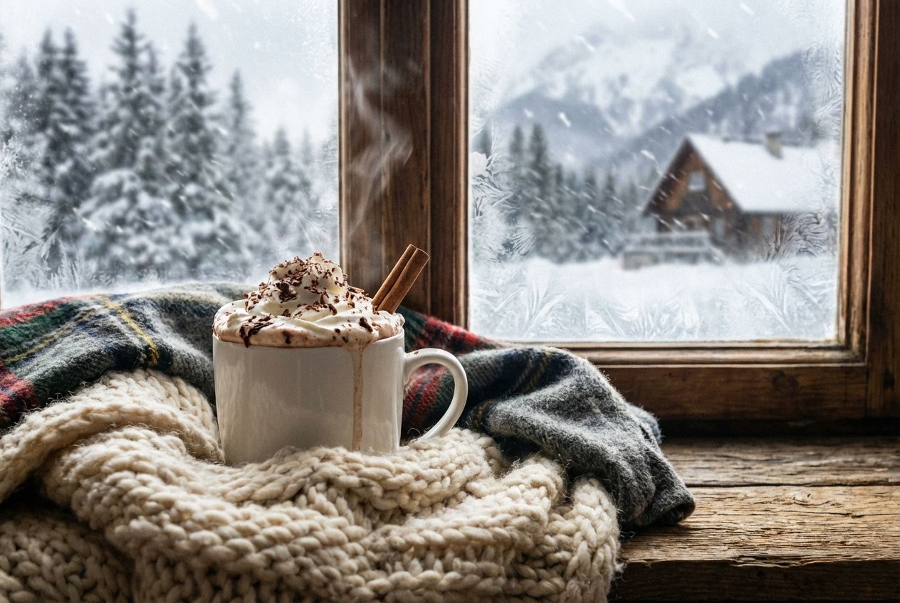 A dramatic, close-up photograph of a steaming mug of hot chocolate, nestled amongst thick, soft wool blankets on a rustic wooden window sill. Outside, a softly blurred winter wonderland suggests extreme cold, highlighting the cozy warmth and effective insulation within, composed for a 3:2 landscape frame.