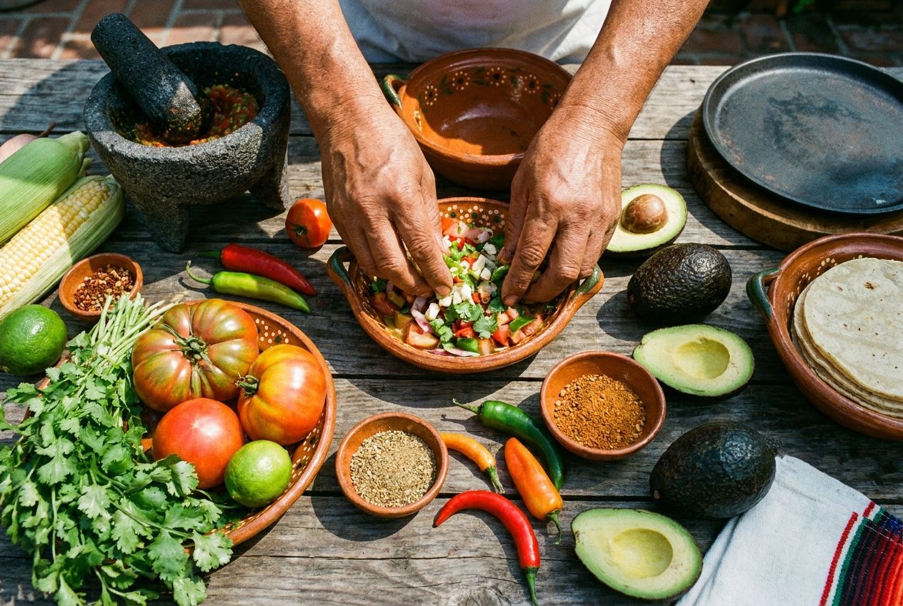 A vibrant, high-angle close-up photograph of skilled hands artfully combining fresh, colorful ingredients on a rustic wooden table to prepare a traditional Mexican dish. Bright vegetables, spices, and herbs are arranged, suggesting the careful assembly of distinct elements into a harmonious whole. The scene is well-lit, emphasizing the textures and vivid colors in a 3:2 landscape frame.
