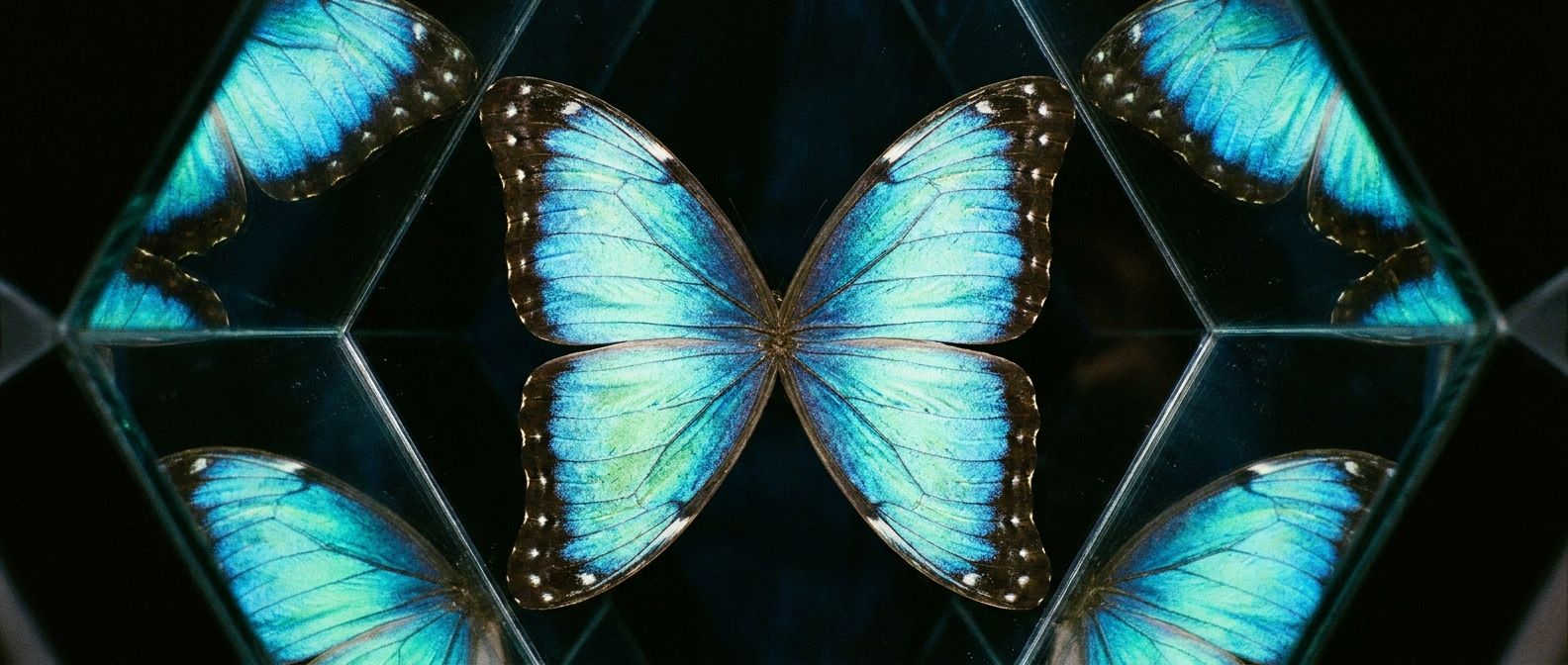 A vibrant, high-contrast close-up photograph of a single element, such as a delicate flower or a butterfly wing, geometrically reflected and multiplied four times into a stunning, symmetrical kaleidoscopic pattern, filling a wide landscape frame.