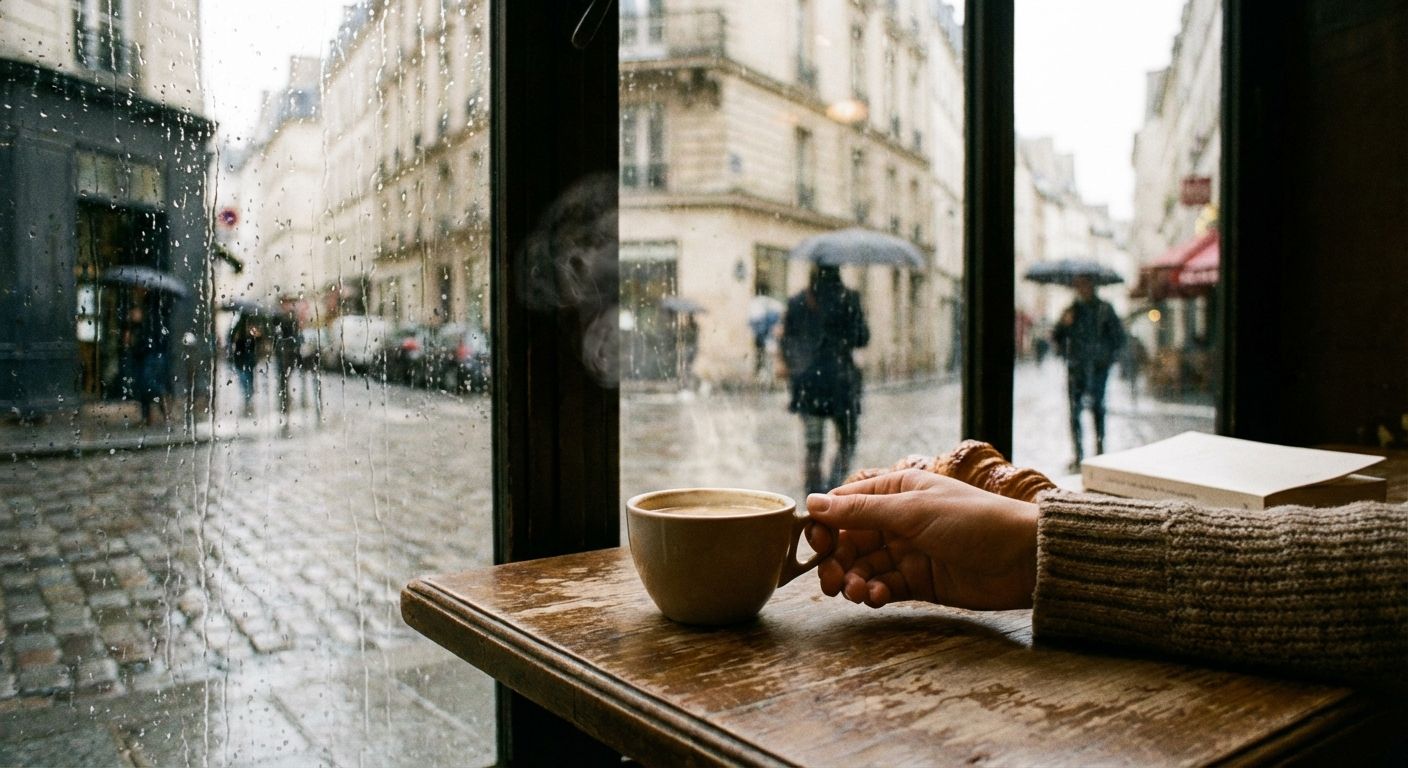 The image depicts a cozy, intimate scene on a rainy day in Paris. The style is realistic with a slightly muted color palette, dominated by grays, browns, and creams. The foreground features a wooden table near a window, with a hand holding a steaming cup of coffee. A croissant and a book are also on the table. Outside the window, a blurred view of a Parisian street scene can be seen, complete with people carrying umbrellas. The composition is balanced, drawing the eye from the intimate foreground to the bustling street view. The rain-streaked window adds to the melancholic, atmospheric mood.