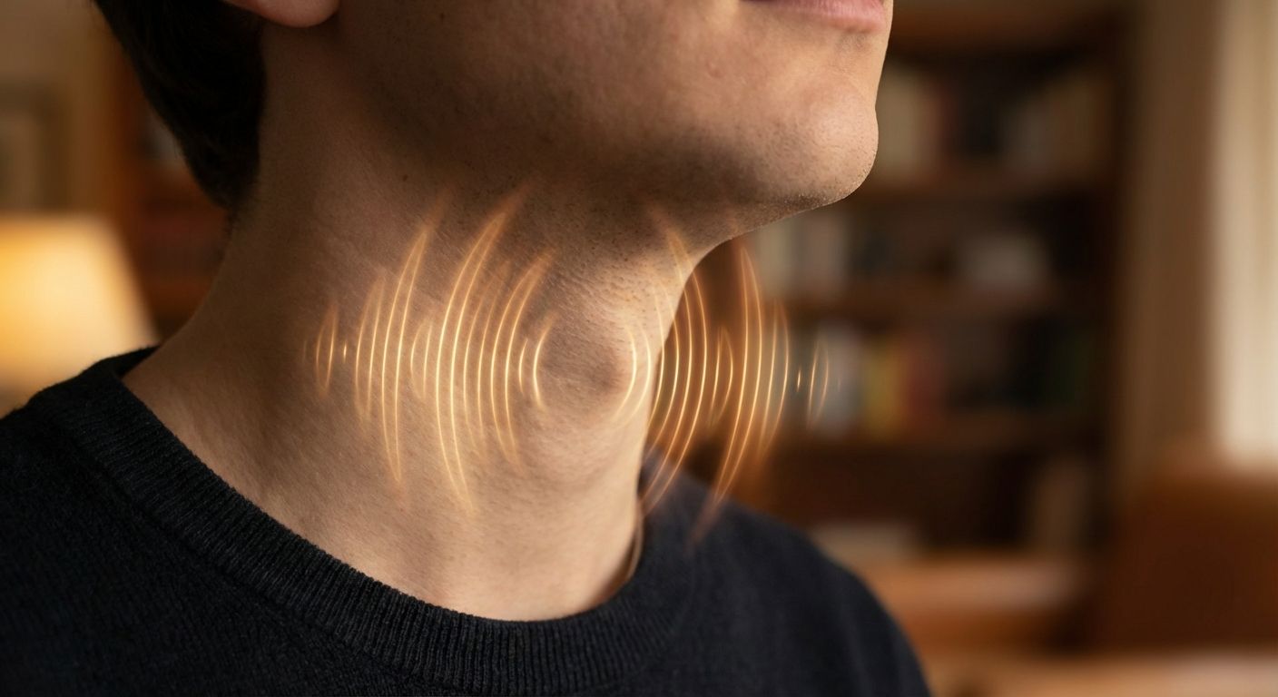 The image is a close-up of a person's neck, focusing on the thyroid area. The style is realistic, with soft lighting and a shallow depth of field. The color palette is warm, with tones of beige and brown dominating, along with the black of the shirt. Overlaying the neck are concentric sound waves, visualized as glowing orange lines emanating from the thyroid area. The background is blurred, showing elements of an interior with a bookshelf and possibly a lamp. The composition centers the neck, with the sound waves adding a conceptual layer. The image evokes a sense of diagnosis or treatment.