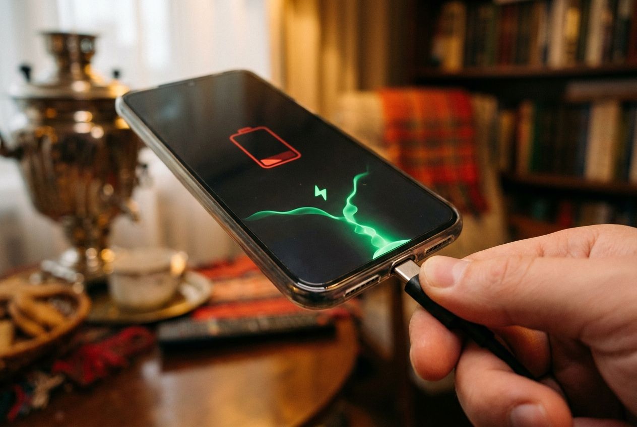 An extreme close-up of a hand plugging a black charger cable into the port of a modern smartphone, its screen just beginning to glow with a charging animation over a red, critically low-battery icon. Warm, ambient light illuminates the scene, creating soft reflections on the phone's surface, with a subtly blurred background suggesting a cozy, contemporary Russian interior, composed for a 3:2 landscape frame.