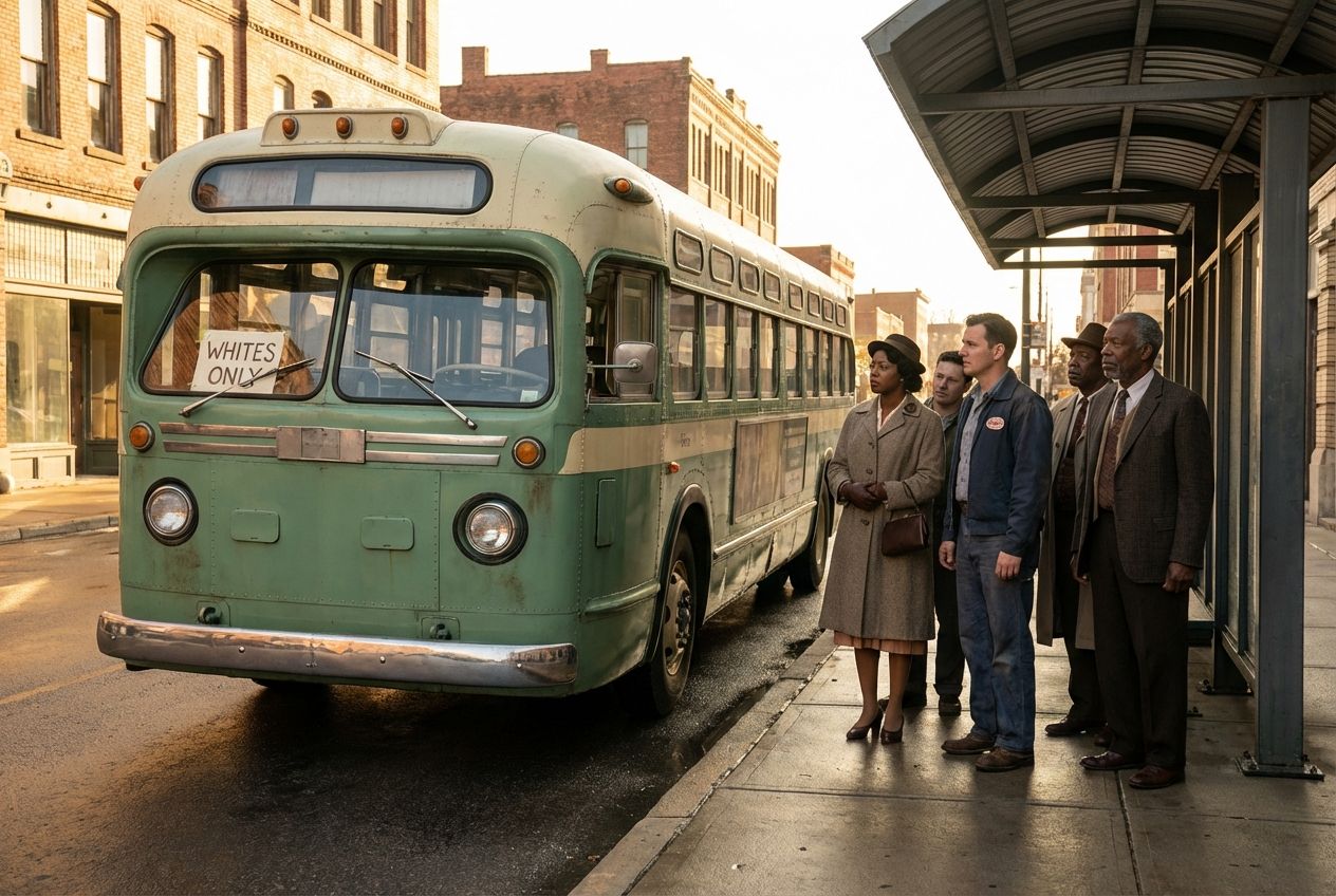 A dramatic, wide-angle photograph of an old American public bus from the 1950s, parked at a downtown city bus stop. A "Whites Only" sign is clearly visible on the front or side of the bus. A small, diverse group of people, dressed in period clothing, stand at the bus stop, looking towards the bus with expressions of quiet determination, hinting at the beginning of the civil rights movement. The scene is set in warm, late afternoon light, composed for a 3:2 landscape frame.