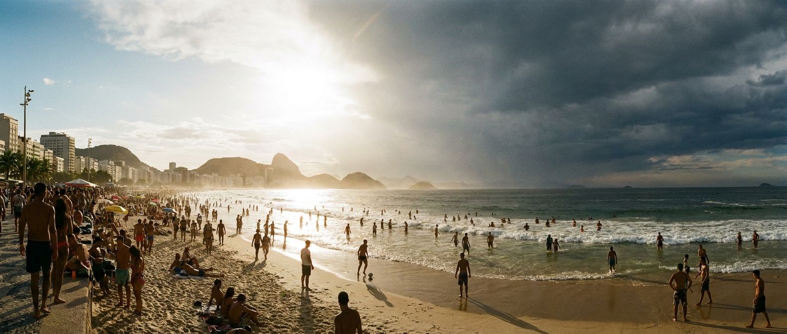 A sweeping wide-angle photograph of a vibrant Brazilian beach, like Copacabana in Rio de Janeiro, under a sky with both brilliant sunshine and dramatic, gathering clouds. The scene captures the intense tropical heat and humidity, with people enjoying the water and sand, conveying the dynamic nature of weather and seasons in Brazil.