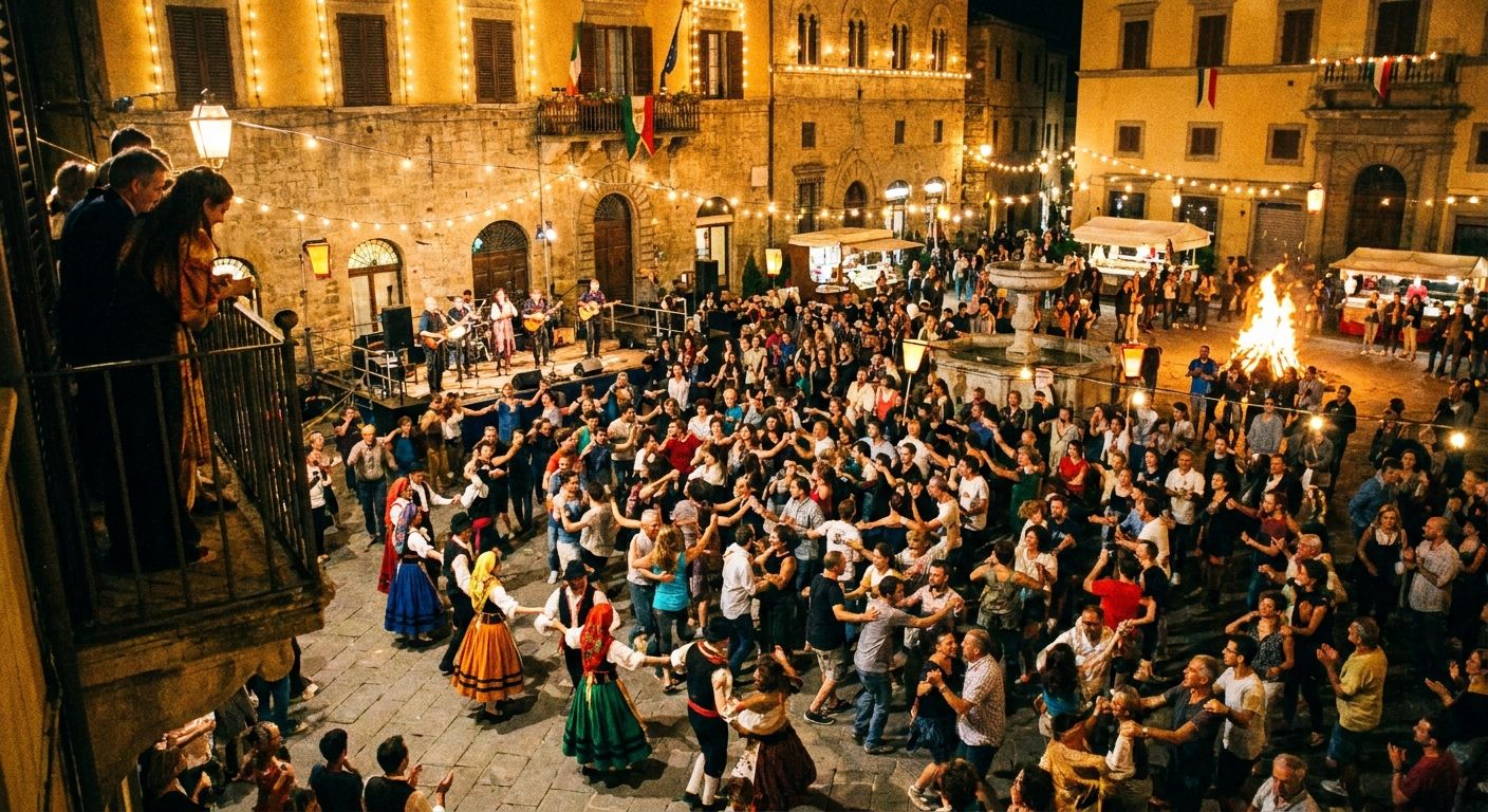 A vibrant, high-angle photograph of people joyfully dancing in a bustling Italian piazza during a lively evening festival. Historic buildings and warm streetlights frame the scene, capturing the energetic rhythm of Italian social life.