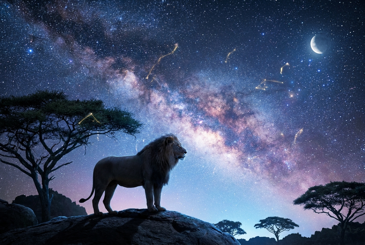 A majestic lion stands silhouetted against a breathtaking starry night sky, with subtle, shimmering zodiac constellations visible among the stars. The scene is bathed in dramatic, ethereal light, capturing a sense of ancient wisdom and cosmic energy in a vivid 3:2 landscape photograph.