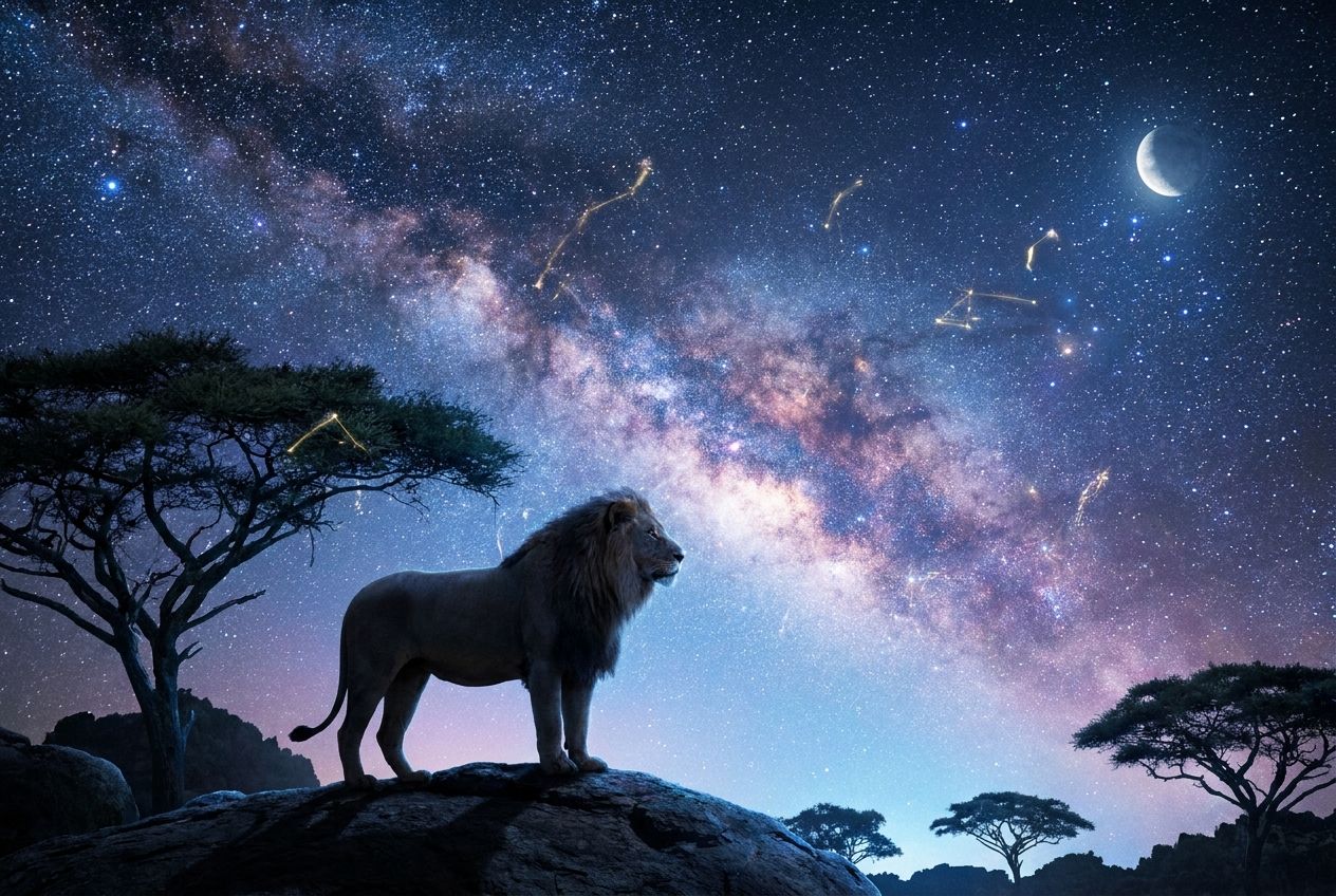 A majestic lion stands silhouetted against a breathtaking starry night sky, with subtle, shimmering zodiac constellations visible among the stars. The scene is bathed in dramatic, ethereal light, capturing a sense of ancient wisdom and cosmic energy in a vivid 3:2 landscape photograph.