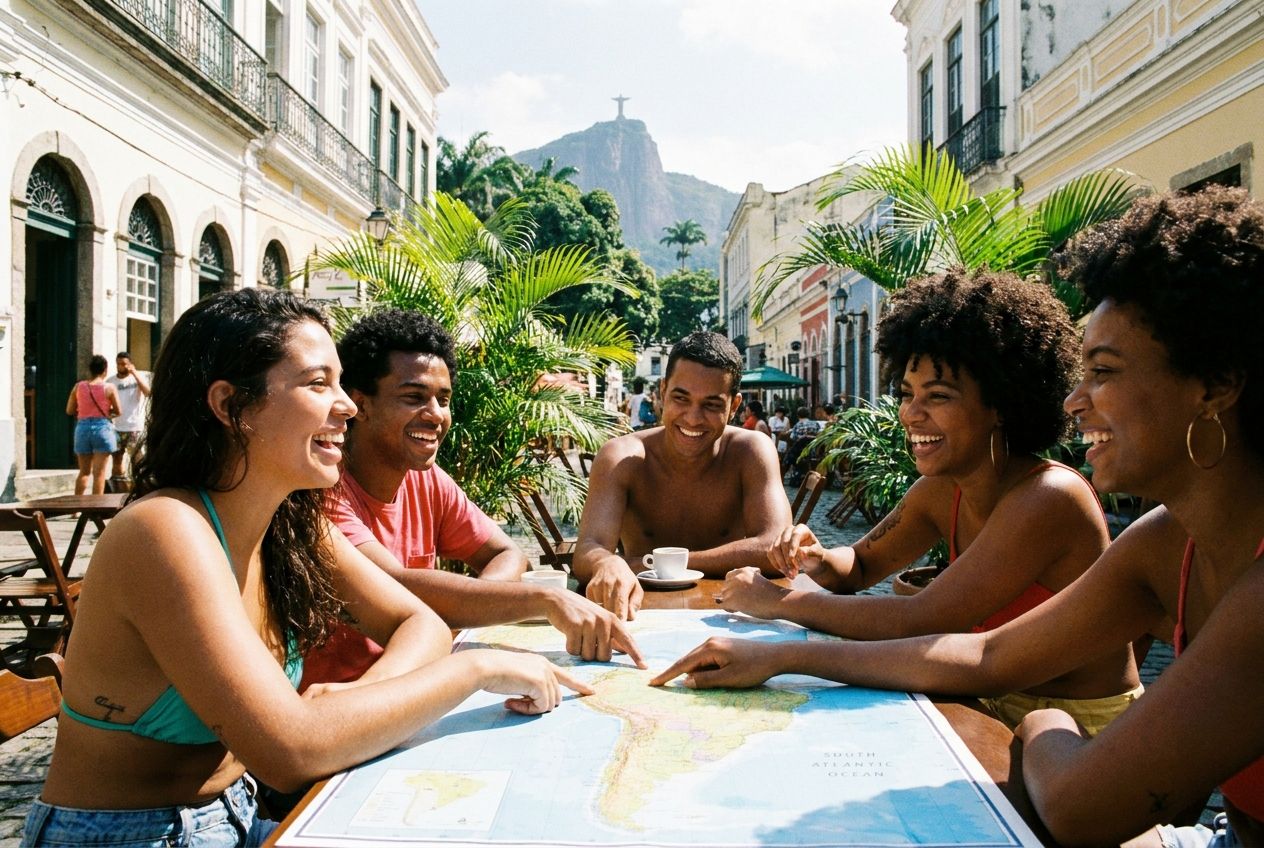 A vibrant, candid photograph of a diverse group of young Brazilian friends gathered at a lively outdoor cafe in Rio de Janeiro. They are animatedly discussing their future plans, pointing at a map spread across the table, with bright smiles. Sunlight illuminates the scene, and subtle hints of iconic Rio architecture and lush tropical foliage are visible in the background, composed for a 3:2 landscape frame.