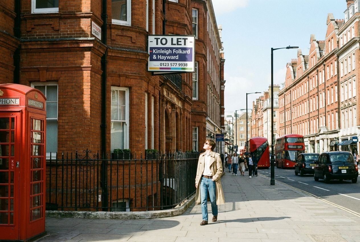 A wide shot of a classic red-brick London townhouse on a sunny day, featuring a "To Let" sign clearly visible on the facade. A young person is walking past, glancing at the sign, with a traditional red telephone booth in the foreground and a typical London street scene in the background, composed for a 3:2 landscape frame.