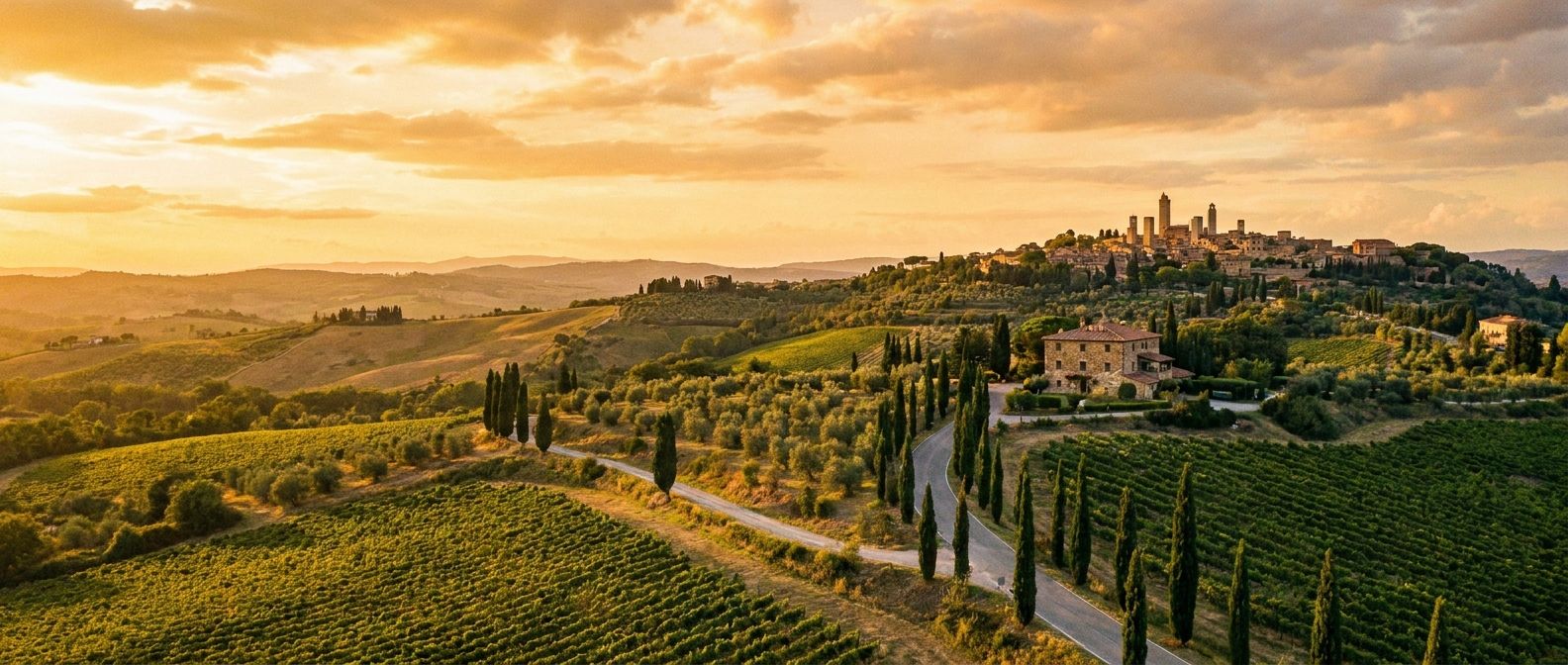A vibrant, wide-angle photograph of sun-drenched rolling hills in Tuscany, Italy, at golden hour. A picturesque winding road with cypress trees leads through vineyards, bathed in warm, soft light, evoking the timeless beauty of an Italian day.