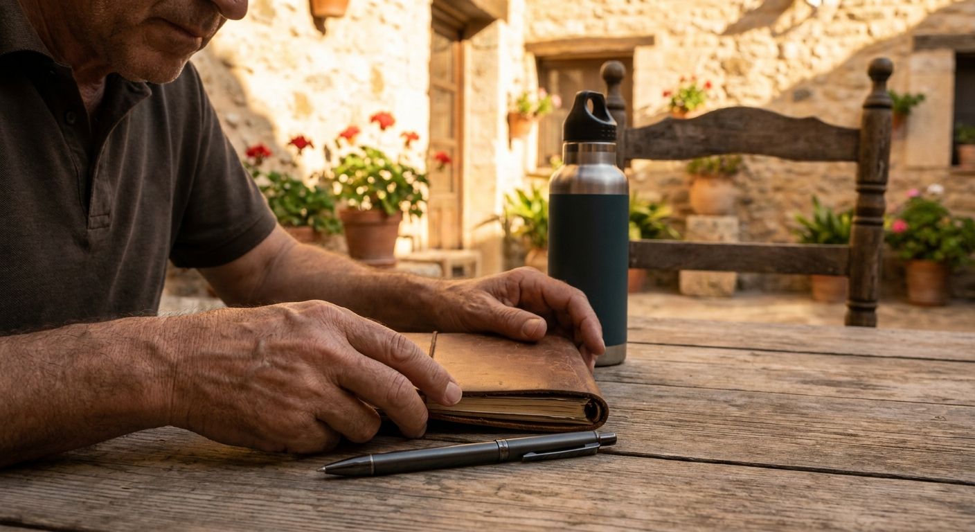 A dramatic close-up photograph of a person's hands meticulously organizing essential items like a notebook, a pen, and a water bottle on a rustic wooden table in a sunlit Spanish courtyard, conveying a sense of preparation for important tasks and obligations.