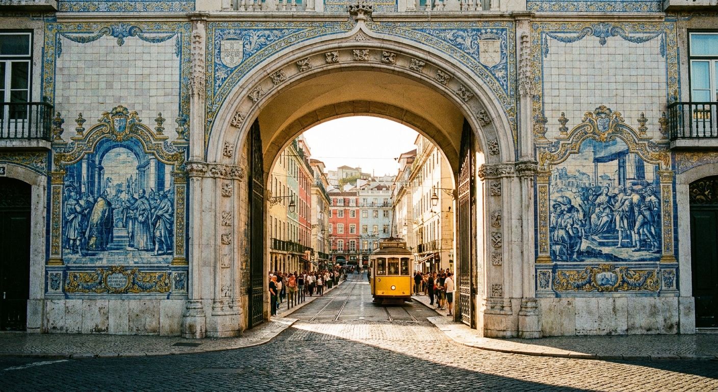 A grand, ornate historic archway made of stone and colorful tiles in a vibrant Portuguese city. Through the arch, a bustling street scene with people, colorful colonial buildings, and a classic tram is visible, creating a strong sense of depth and transition. Dramatic sunlight casts long shadows, highlighting the intricate details of the arch.