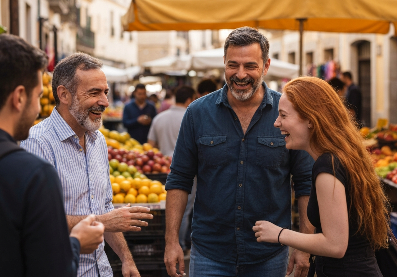 A candid, wide-angle photograph of a person's hands delicately choosing a vibrant, ripe heirloom tomato from a rustic wooden crate at a bustling outdoor French market. The scene is bathed in warm, natural sunlight, with a soft-focus background of colourful produce and market activity, creating a sense of lively cultural immersion and personal preference.