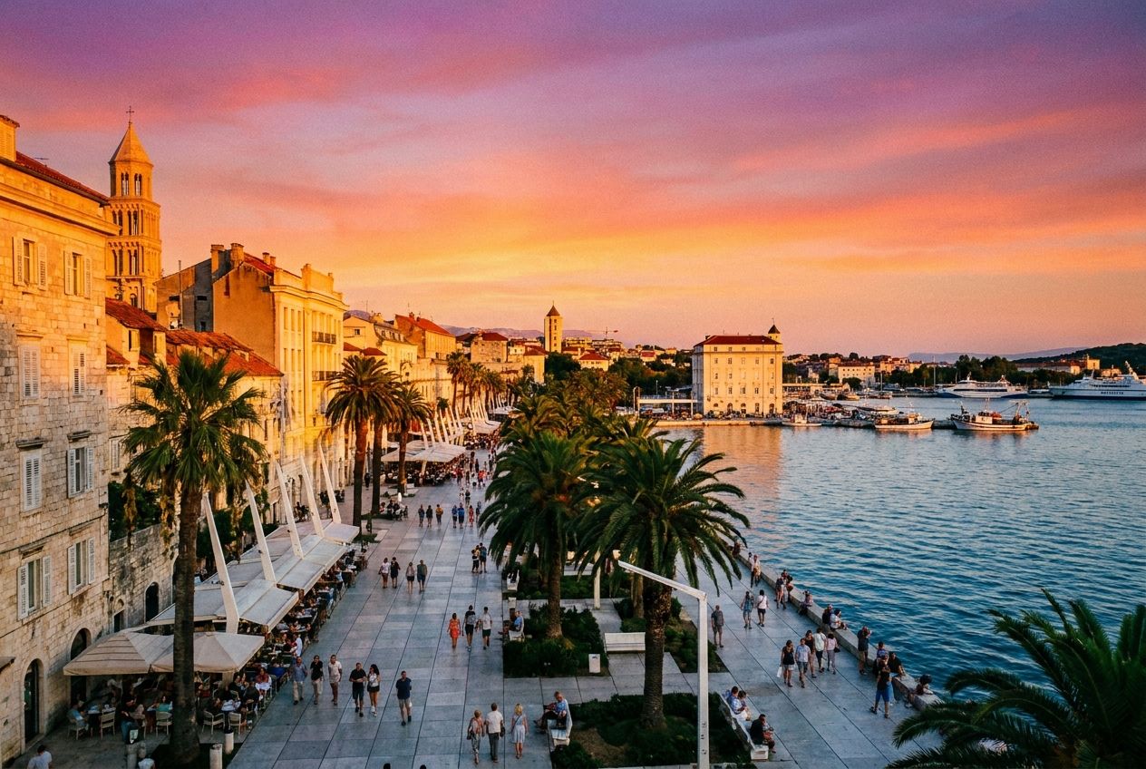 A wide-angle photograph of the Split waterfront Riva promenade at sunset, with the warm golden light illuminating the historic buildings and palm trees. People are leisurely strolling along the promenade, and distant boats are visible on the calm Adriatic Sea, all captured in a vibrant, atmospheric 3:2 landscape shot.