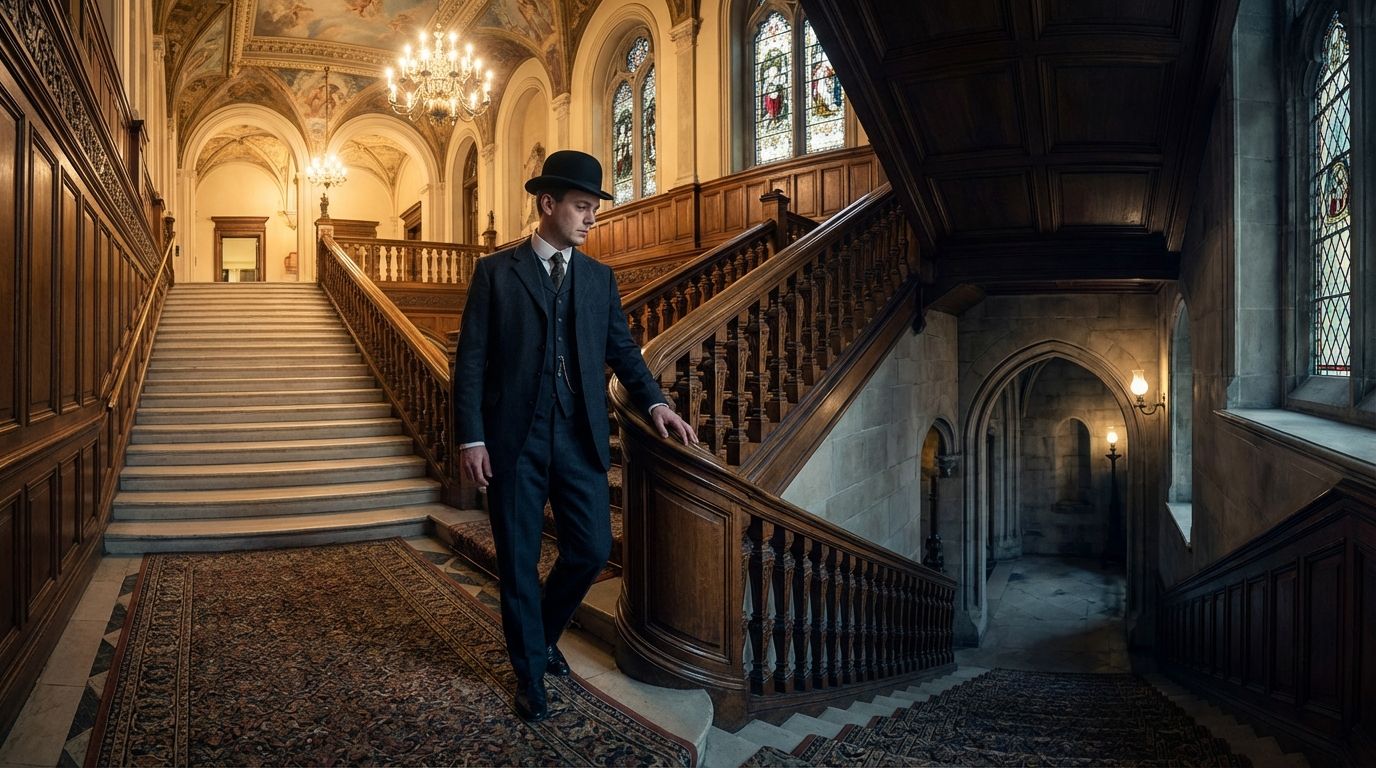 A dramatic, wide-angle photograph of a sharply dressed man in an elegant early 20th-century suit standing at the ornate landing of a grand Edwardian staircase. One branch of the staircase ascends into a brightly lit, formal and opulent upper floor, while the other descends into a more shadowed, intimate and slightly mysterious lower passage, symbolizing a moral crossroads and the character's internal conflict between social standing and hidden truths.