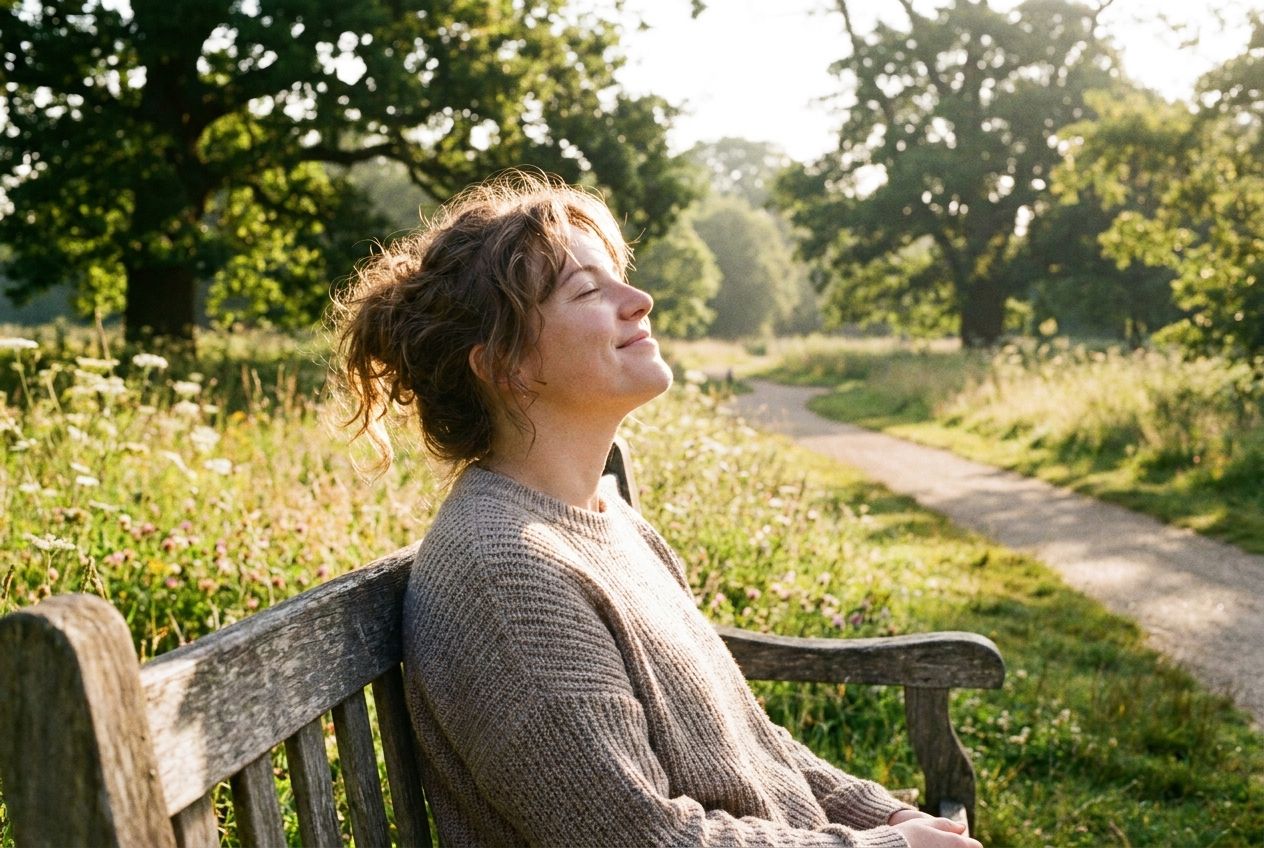 A person looks refreshed and healthy, taking a moment of quiet reflection in a serene, sun-drenched British park. Soft, natural light illuminates their face, evoking a sense of well-being and peaceful recovery, composed for a 3:2 landscape photograph.