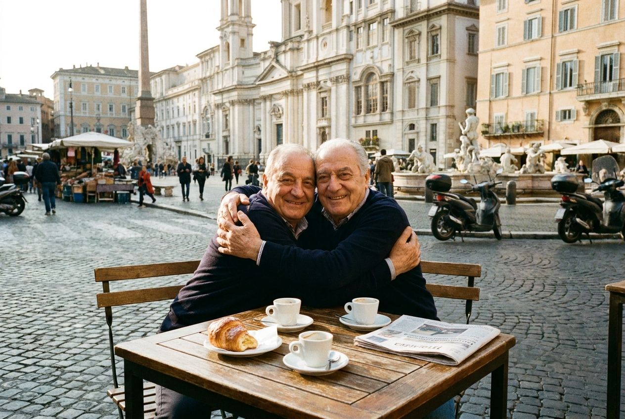 A warm, inviting photograph of two Italian friends greeting each other with a smile and a hug at an outdoor cafe in a bustling piazza in Italy, bathed in morning sunlight. Coffee cups and pastries are on their table, and historic architecture forms the backdrop, composed for a 3:2 landscape frame.
