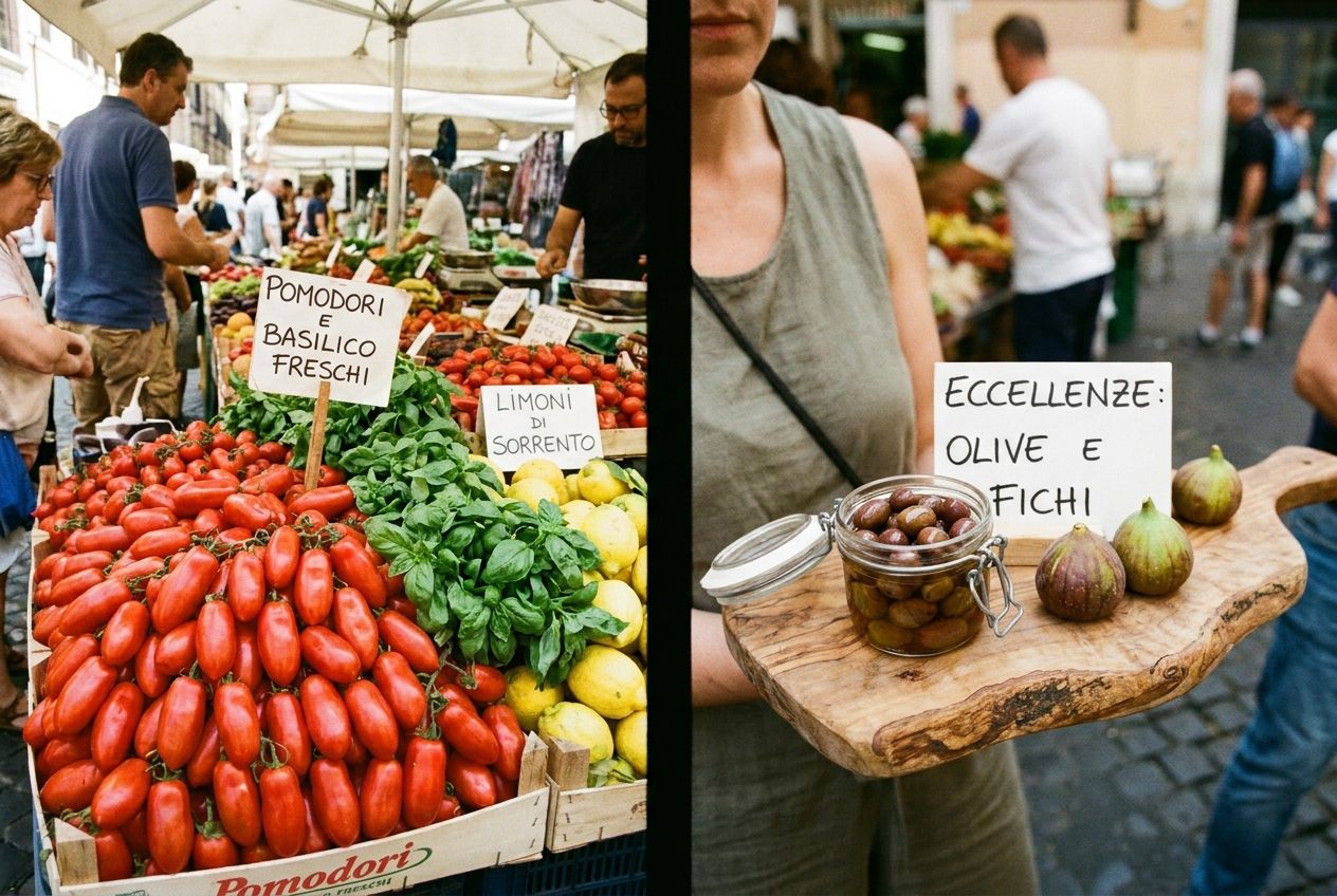 A vibrant, bustling Italian market stall overflowing with a *molto* large, colorful display of fresh produce like ripe red tomatoes, bright green basil, and yellow lemons. Adjacent to it, on the same stall, a *poco* small, artfully arranged selection of a delicate Italian specialty, such as a few glistening gourmet olives or a tiny cluster of figs, emphasizing contrast in quantity. The scene is captured as a vivid, high-resolution photograph in a 3:2 landscape frame.