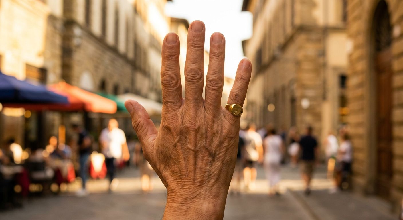 A close-up, dramatic shot of an elegant Italian hand making a clear, firm 'no' gesture with an open palm facing outwards, conveying refusal or negation. The background is a beautifully blurred, vibrant Italian street scene at golden hour, suggesting choices or activities being declined.