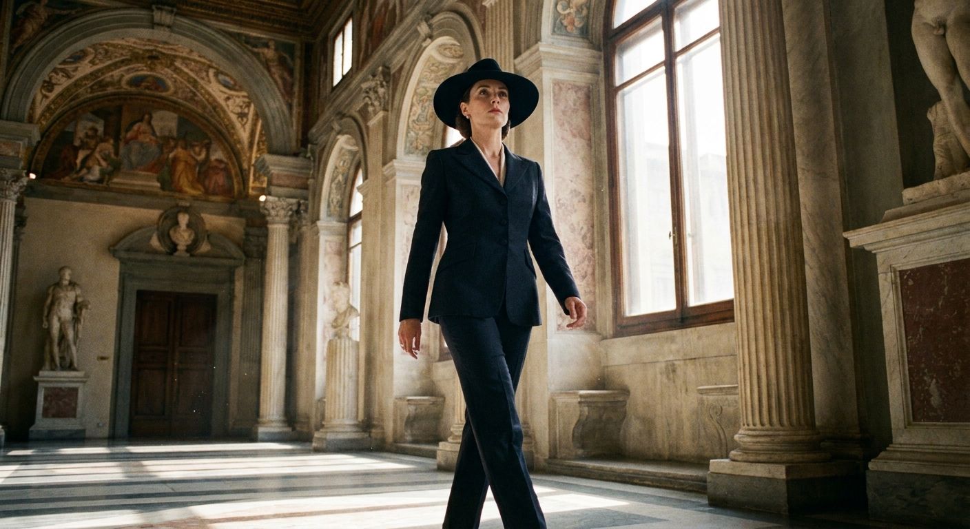 A low-angle, dramatic photograph of a smartly dressed woman walking with purpose through the grand, ornate marble hallway of a historic Italian municipal building. Sunlight streams through tall arched windows, highlighting the architectural details and casting long shadows, conveying a sense of formal purpose and elegance.