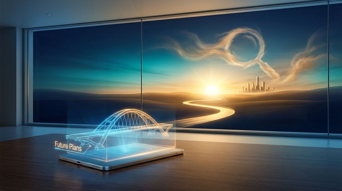 A cinematic, high-detail digital illustration of a visionary's studio at dawn. In the foreground, a glowing, translucent holographic blueprint of a futuristic bridge extends from a sleek tablet, symbolizing "Future Plans." Through a massive glass window, a vast, golden horizon stretches out with a path leading toward a rising sun. Wispy, ethereal clouds in the sky subtly swirl into the shape of a magnifying glass over a distant city, representing "Assumptions." The color palette features deep navy blues, vibrant teals, and radiant amber. The composition is clean and modern, with a focus on depth and perspective, signifying progress and intellectual exploration. 8k resolution, sharp focus, professional graphic design style.