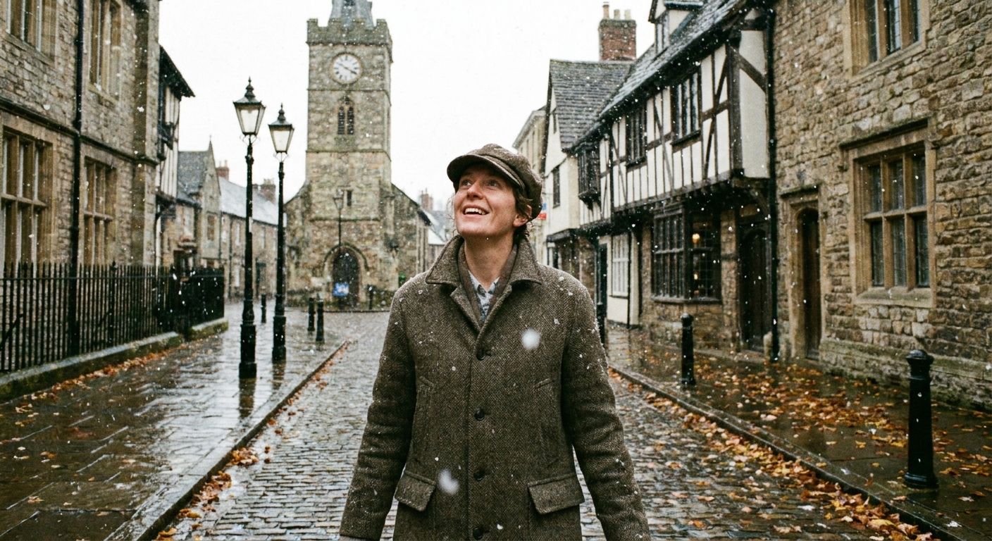 A dramatic photograph of a person walking on a wet, cobblestone street in a historic British town, where the ground from recent autumn rain reflects the grey sky, but large, soft snowflakes are visibly falling and catching the light, creating a surprising and beautiful contrast of "usually" and "now". The person looks up at the snow with a slight smile.