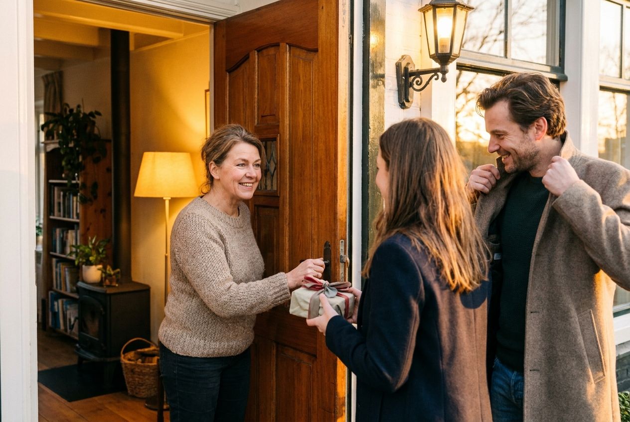 A warm, inviting photograph of a Dutch host opening the door to warmly greet arriving guests at a cozy traditional Dutch home. One guest offers a small, beautifully wrapped present, while another smiles, taking off their coat. The scene is filled with a sense of "gezelligheid", with soft, welcoming light illuminating the entrance and a glimpse of the inviting interior, composed for a 3:2 landscape frame.